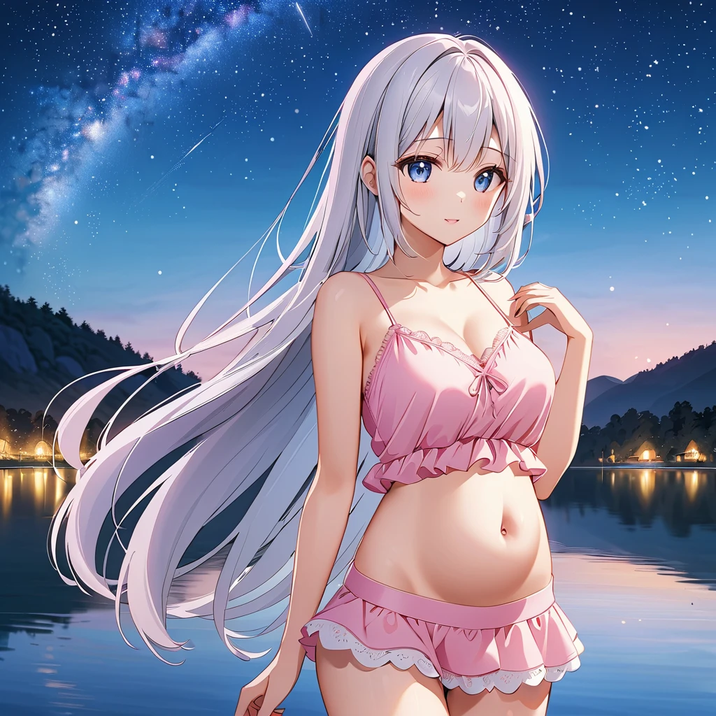 realisitic、top-quality、女の子 1 人、20yr old、Bright flashy hair、piercings、Shy face、Fancy Bikini、beautiful boob 、sexypose、s ass、Near the river at night、bru、Particles of light、profetional lighting、shooting stars、wall-paper、