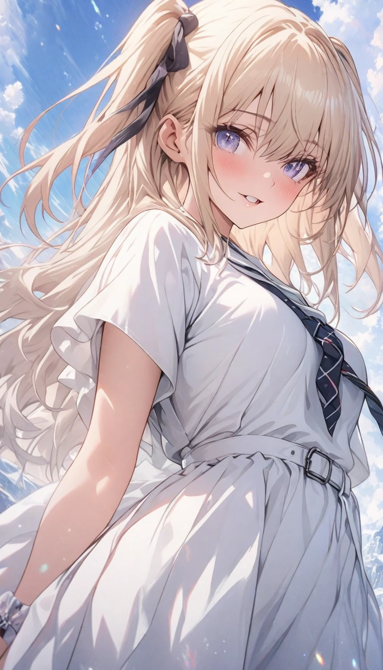 The strong wind is blowing her skirt up、White lace lining is visible、