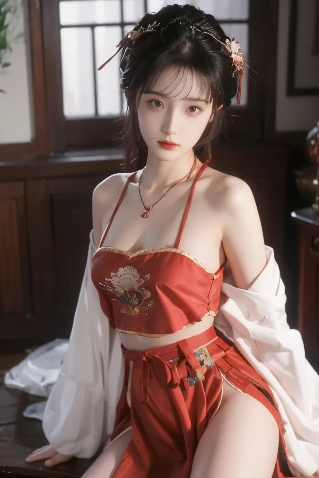 is the best quality, masterpiece, High Aims, 1 girl, Beautiful red Hanfu, Hair ornaments, necklace, ornament, pretty face, When the body, Tyndell effect, Realistic portrait, Dark Studio, Edge lighting, Bicolor Light , (very delicate skin:1.2), 8,000 uhd, digital SLR camera, Soft Light, High quality, Volumetric Lighting, Honest, photo, High res, 4K, 8,000, Bokeh, dark hair,PINK HAIR TIPS, pink eyes.1 girl, skirt, Hair accessories , red skirt, alone, Chinese clothing , long hair, Sitting, now l polish {x} bare shoulders, window, brown hair, OK, interior, dark hair,