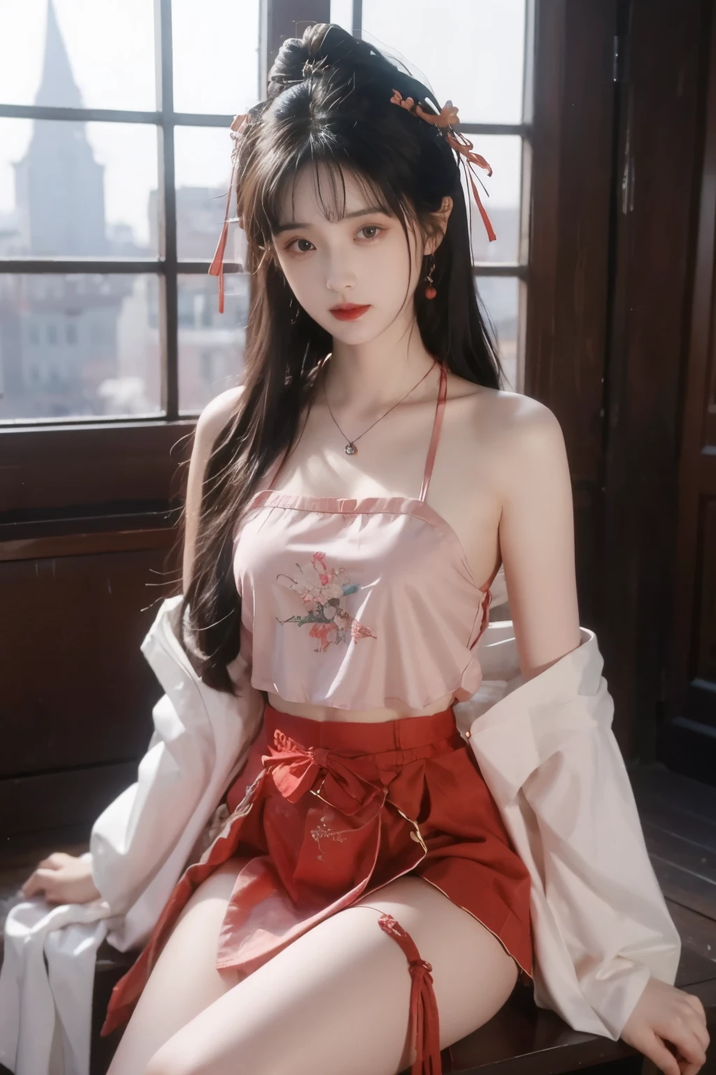 is the best quality, masterpiece, High Aims, 1 girl, Beautiful red Hanfu, Hair ornaments, necklace, ornament, pretty face, When the body, Tyndell effect, Realistic portrait, Dark Studio, Edge lighting, Bicolor Light , (very delicate skin:1.2), 8,000 uhd, digital SLR camera, Soft Light, High quality, Volumetric Lighting, Honest, photo, High res, 4K, 8,000, Bokeh, dark hair,PINK HAIR TIPS, pink eyes.1 girl, skirt, Hair accessories , red skirt, alone, Chinese clothing , long hair, Sitting, now l polish {x} bare shoulders, window, brown hair, OK, interior, dark hair,