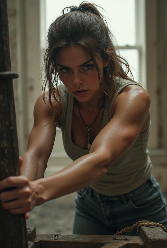((From a straight above, birds-eye perspective)), Lara Croft, (muscular:1.5), long flowing hair, blue eyes, flirtatious smile, abs, Real Life, full bodyshot, (Ultra Realistic:1.5), Photorealism, Photography, 8K UHD, Photo, HDR, Complex and Elegant, Highly Detailed, Sharp Focus, Stunning, Beautiful, (Gorgeous: 1.2), Best Quality 1:1, Ultra Detail: 1.2, Best Shadows, 8k: 1.1), (beautiful detailed face), high contrast, (perfect lighting: 1.2), ((cinematic light)), colorful, hyper-detail, dramatic light, intricate detail, photograph by arny freytag, (head tilted back:1.7), looking up and left at viewer, leaning back, (selfie view from left above:1.7), cleavage, muscular, (arms reaching straight up overhead:1.8), (person lifted over her head with arms dangling from above)
