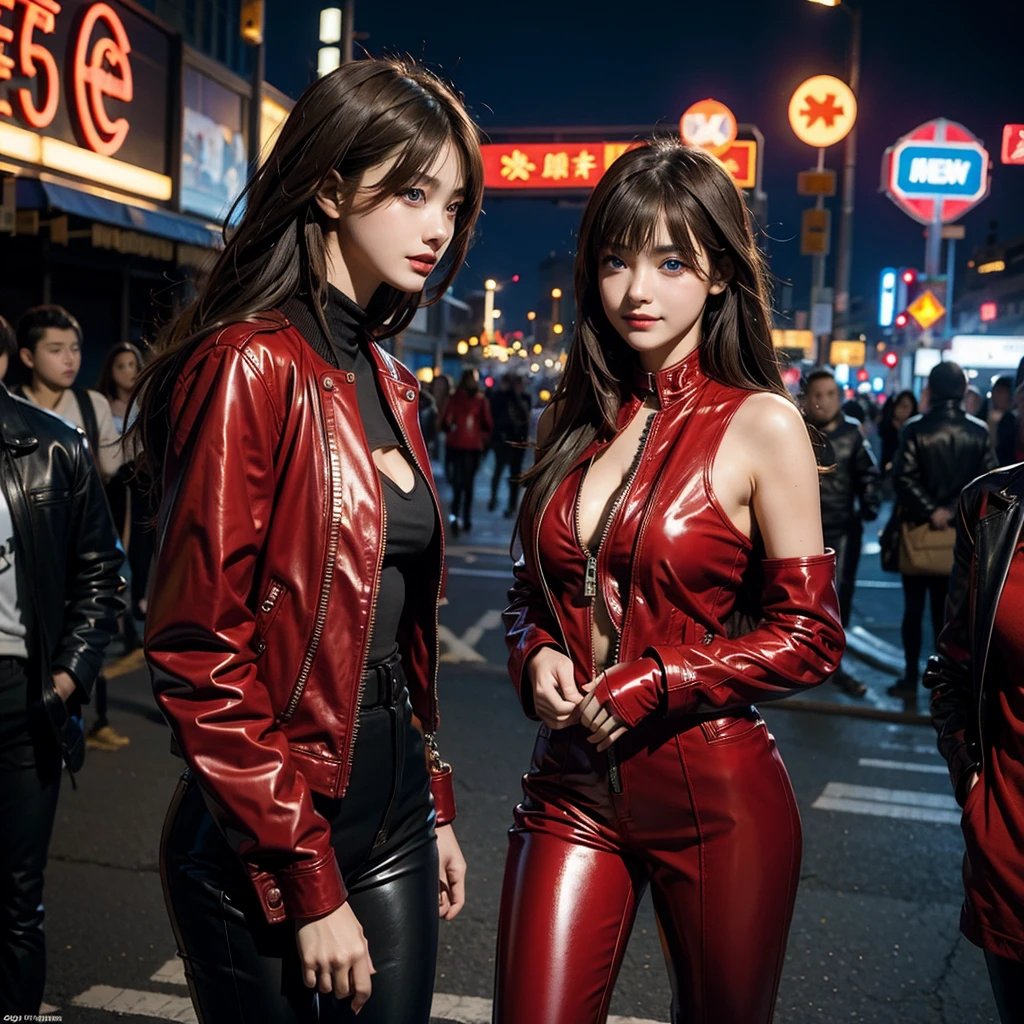 ((Realistic lighting、top-quality、8K、masterpiece:1.3))、japanes、A sexy、Glamorous、Feng Fujiko、Focus:1.2、1girl in、perfect body type:1.4、Colossal tits:1.5、Slim abs:1.1、((dark brown hair))、(Red leather catsuit)、(outside of house、sea side:1.1)、City Street、Superfine Face、Fine eyes、二重まぶた、