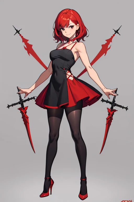 (masterpiece), ((best quality)), (super detailed), (beautiful eyes beautiful details eyes, Clean and delicate face), (knee shot, standing), solo, grin, (black high cut bodysuit, black puff sleeves shirt, garter belts, black stockings), Red bob hair, bangs, red eyes, black gloves, holding short whip, simple background