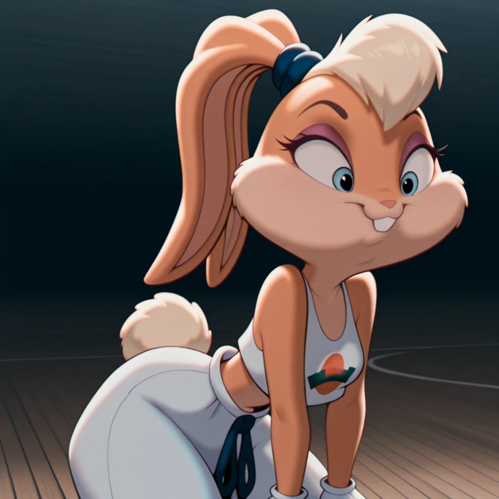 lolabunny, 1girl, solo, furry female, rabbit ears, rabbit girl, animal nose, crop top,white gloves, blue eyes, body fur, standing, tail sleeveless, buck teeth,smile,looking at viewer, outdoors, black bikini, bikini, Hips, Fat Ass, Big Hips, Fat, Big Thighs, Fat Thighs, ate a lot, overweight, over weight, going to eat, tight thong, clothes busting, fat ass, she is fat, score_9, score_8_up, score_7_up, score_6_up, score_5_up, score_4_up