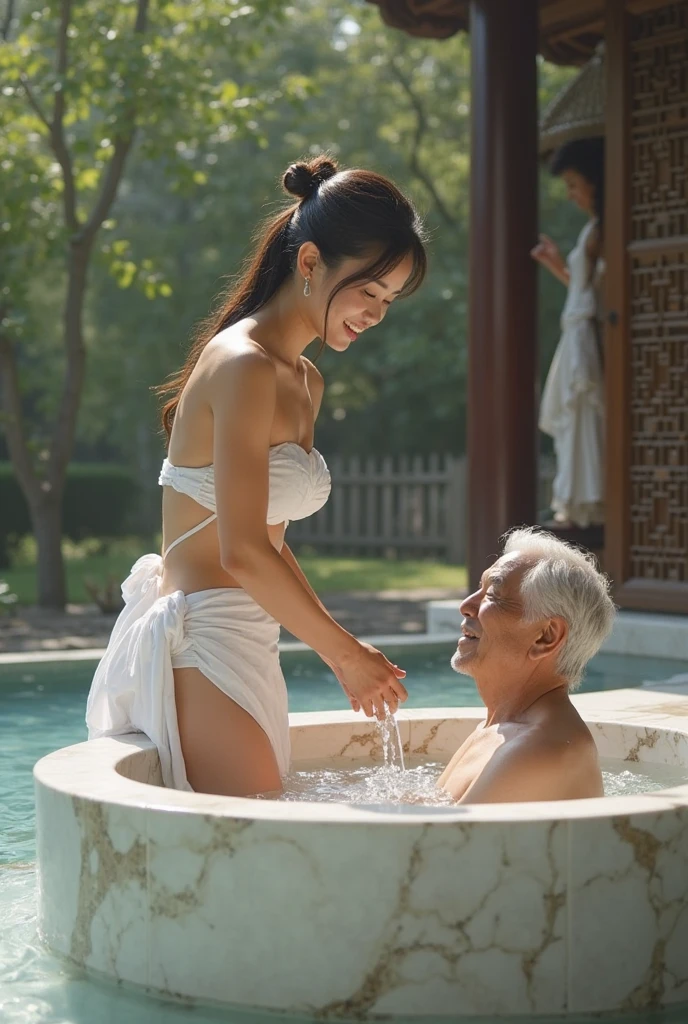 A Korean man with a six-pack abs takes a bath naked with his grandmother.
