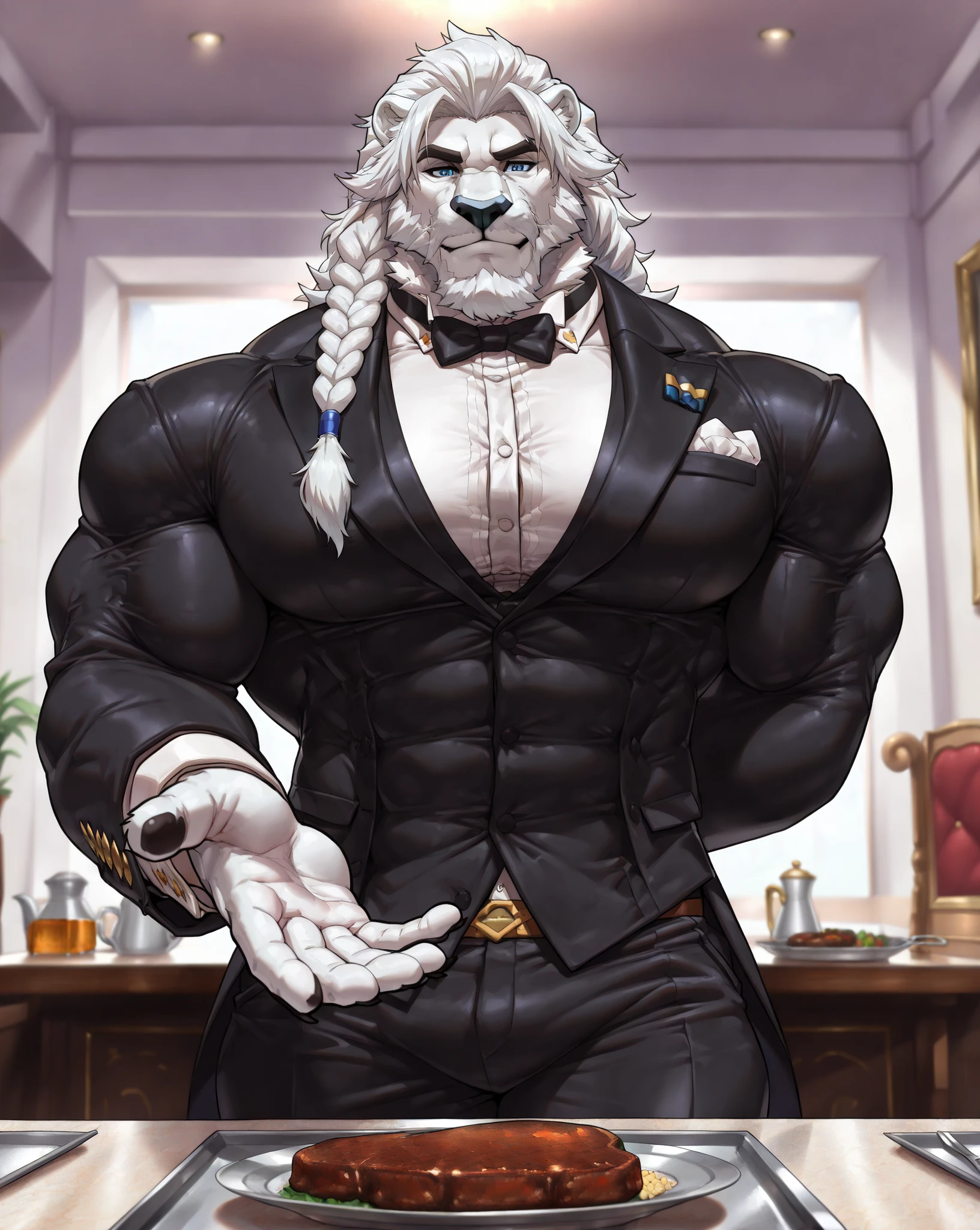 masterpiece, best quality, amazing quality, correct anatomy, beautiful blue eyes, high resolution, hyper-detailed, 1male,
((solo)), male, white fur, ((white lion)),
((massive size difference)), ((10 feet tall)), muscle, massive, big muscle, ((massive muscle)), dominant, rough, abs, eight pack, pecs, big pecs, (wide shoulder, wide pec, massive pec muscle thick arms),
mature, rugged, ((short beard)), old male, two manly braid mane, (black nose),
cowboy shot, closed mouth, butler, black tailcoat, black dress pants, black bowtie, ((serving dinner)), steak on table, ((Outstretched hand at the steak)), ((other hand behind back)), correct hand, (soft smile), home as background
