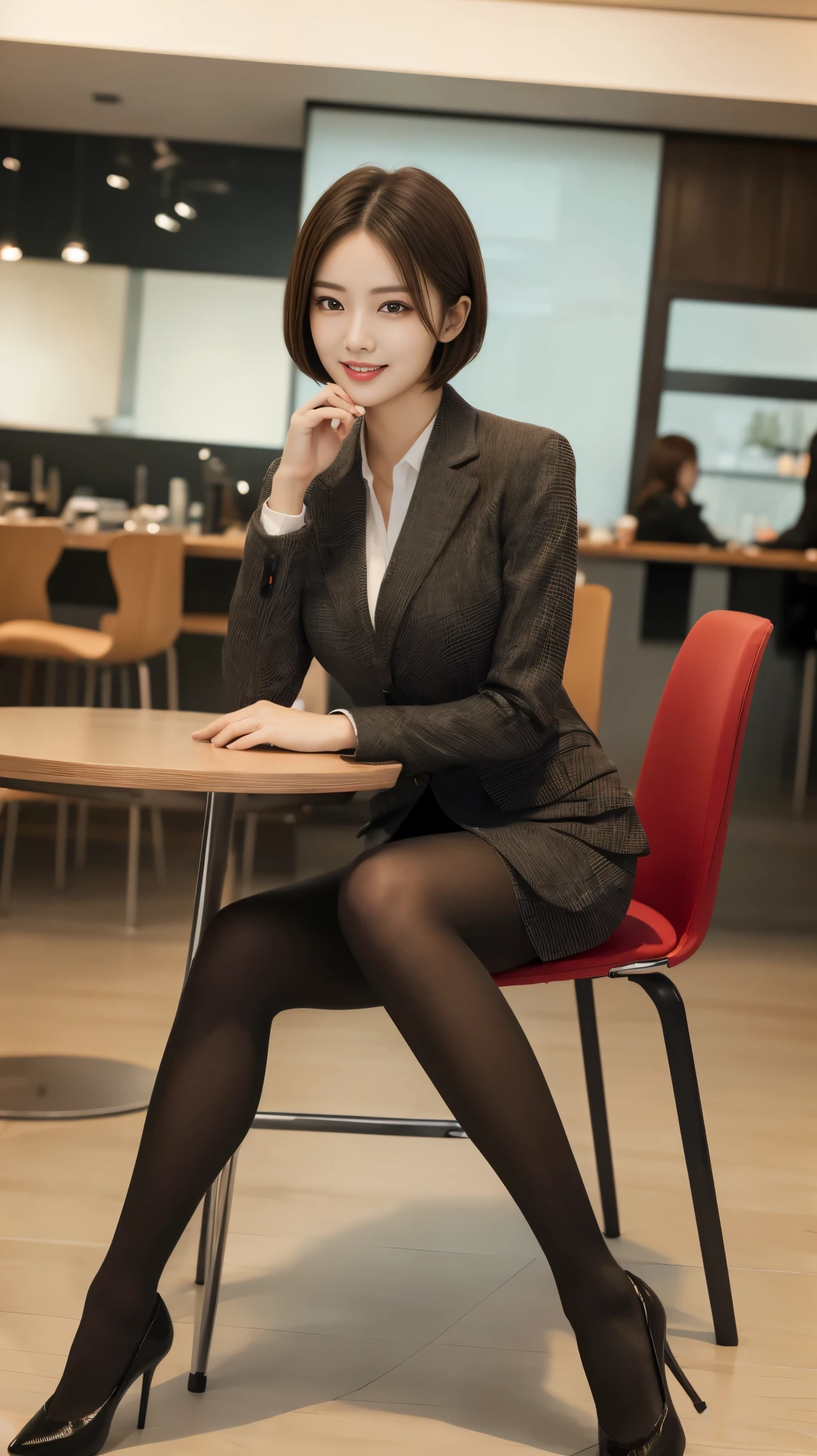 table top, top quality, shape, very well detailed, details, High Resolution, 8k Wallpaper, perfect dynamic composition, BEAUTIFUL ATTENTION TO DETAILS, business suit,short hair,natural color lips, sit on a chair where you can see your pants a little bit and cross your legs,smile、2 girls,Red Eye Shadow,wears black tights,