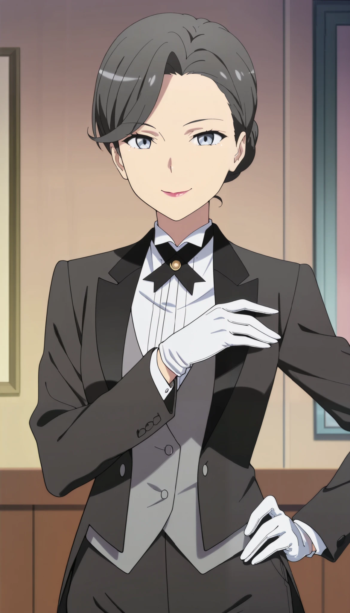 1girl,solo,mm,mature female,hair bun,black hair,blue eyes,lipstick,anime coloring, tuxedo tailcoat, butler, hand on hip, woman in a formal suit,she's looking at the camera with a calm smile,,, indoors,smile,, gloves ,masterpiece,best quality,amazing quality, ,,reaching at viewer,,,,