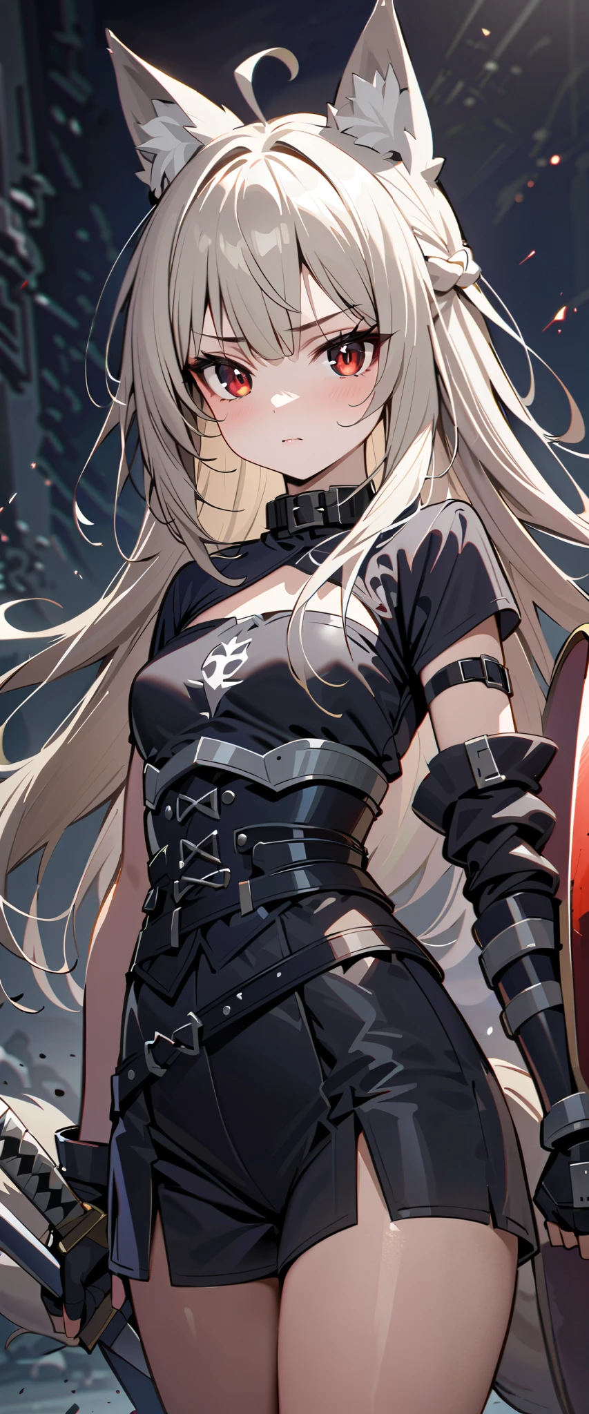 (high-quality, breathtaking),(expressive eyes, perfect face) 1girl, female, solo, maomao, cowboy shot, medium full shot, White hair color, alluring red eyes, long hair, flat chested, small breasts, small stature, fox ears, fox tail, small Ahoge, Knight Attire, Armor on arm, (Sword and shield), black shorts, looking towards viewer, HD, High quality image, dusty particles floating around, black choker, black collar with spikes, goth girl, goth aesthetic