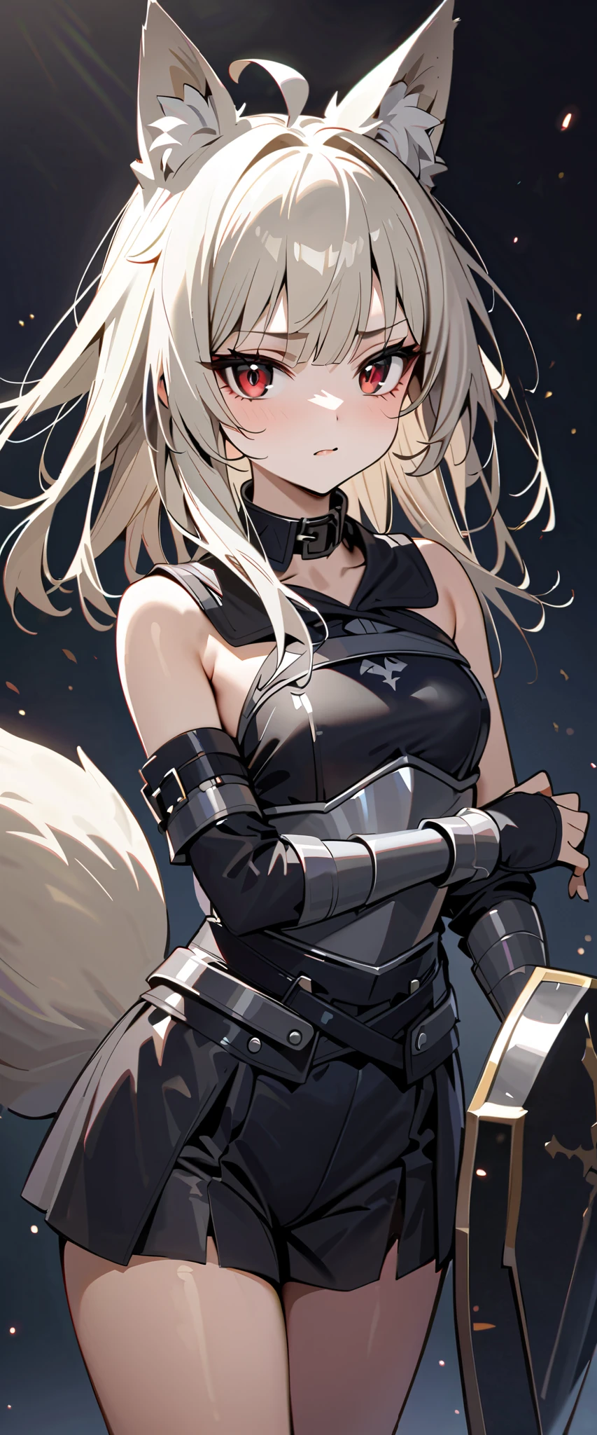 (high-quality, breathtaking),(expressive eyes, perfect face) 1girl, female, solo, maomao, cowboy shot, medium full shot, White hair color, alluring red eyes, long hair, flat chested, small breasts, small stature, fox ears, fox tail, small Ahoge, Knight Attire, Armor on arm, (Sword and shield), black shorts, looking towards viewer, HD, High quality image, dusty particles floating around, black choker, black collar with spikes, goth girl, goth aesthetic