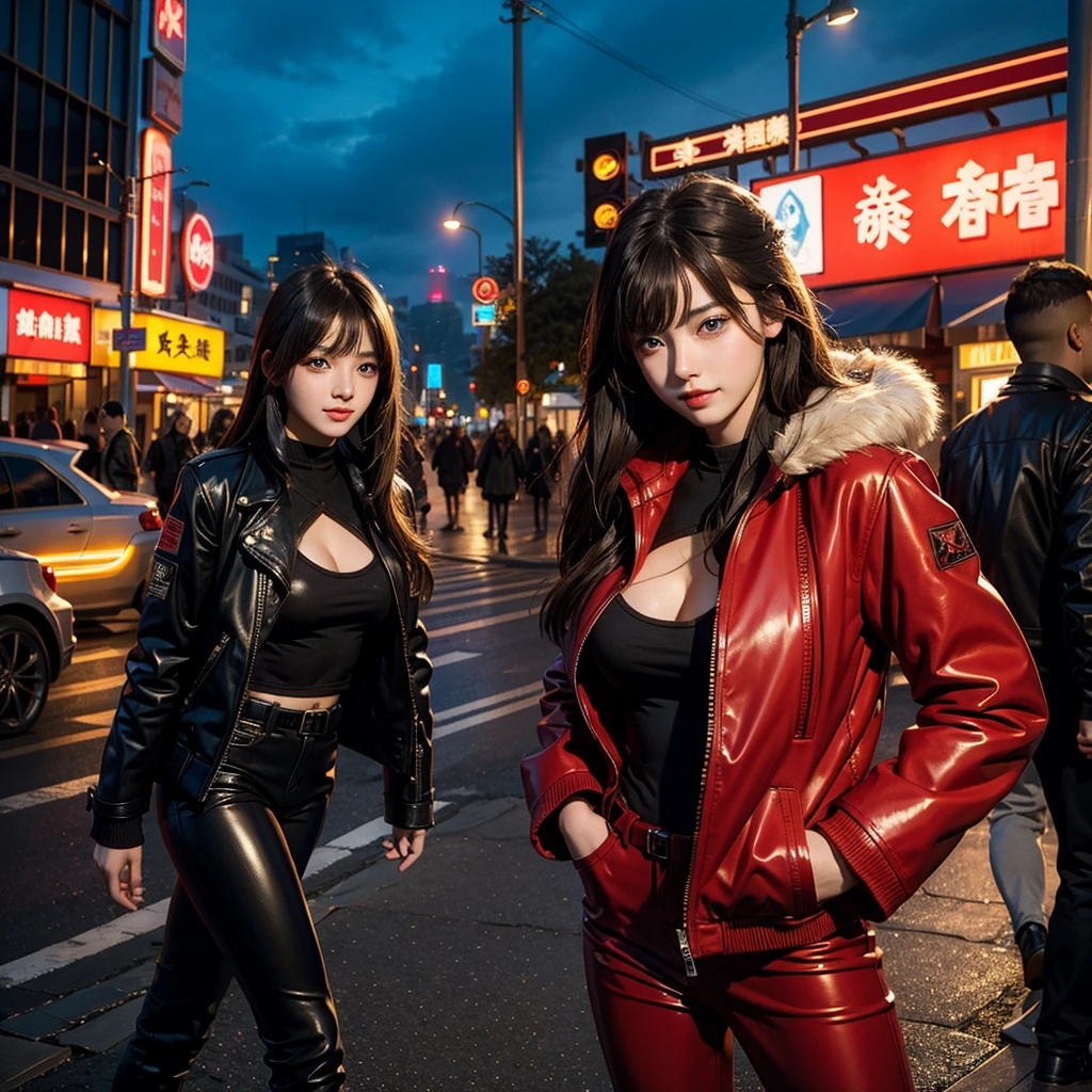 Japanese Bella Hadid wearing a black leather pants and a tight leather racing jacket, with quilted shoulders and red and white accents, inside a gambling den, ((slim, petite)), photorealistic, photo, masterpiece, realistic, realism, photorealism, high contrast, photorealistic digital art trending on Artstation 8k HD high definition detailed realistic, detailed, skin texture, hyper detailed, realistic skin texture, armature, best quality, ultra high res, (photorealistic:1.4),, high resolution, detailed, raw photo, sharp re, by lee jeffries nikon d850 film stock photograph 4 kodak portra 400 camera f1.6 lens rich colors hyper realistic lifelike texture dramatic lighting unrealengine trending on artstation cinestill 800,