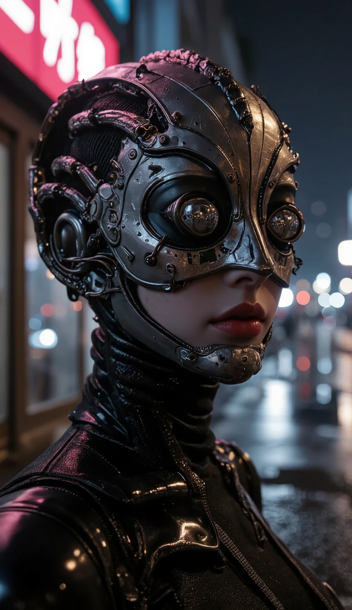 Female humanoid, H.R. Giger-inspired organic-mechanical design, set against a dark cyberpunk cityscape with neon lights and wet streets reflecting, hyper-realistic photo style, ultra-high quality, ultra-photorealistic, ultra-detailed rendering, cinematic lighting, 8K resolution, intricate skin texture and metallic reflections.The mask covers the face and features Giger-esque insect-like parts arranged in a fractal pattern, with the eyes accentuated by shiny lenses.