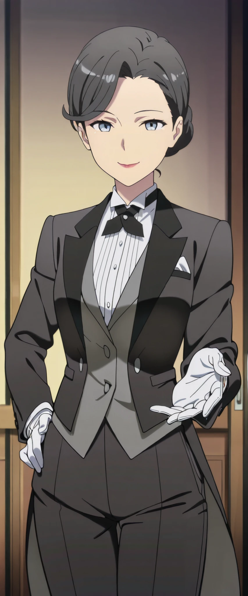 1girl,solo,mm,mature female,hair bun,black hair,blue eyes,lipstick,anime coloring, tuxedo tailcoat, butler, pants ,hand on hip, woman in a formal suit,she's looking at the camera with a calm smile,,, indoors,smile,, gloves ,masterpiece,best quality,amazing quality, ,,reaching at viewer,,,,