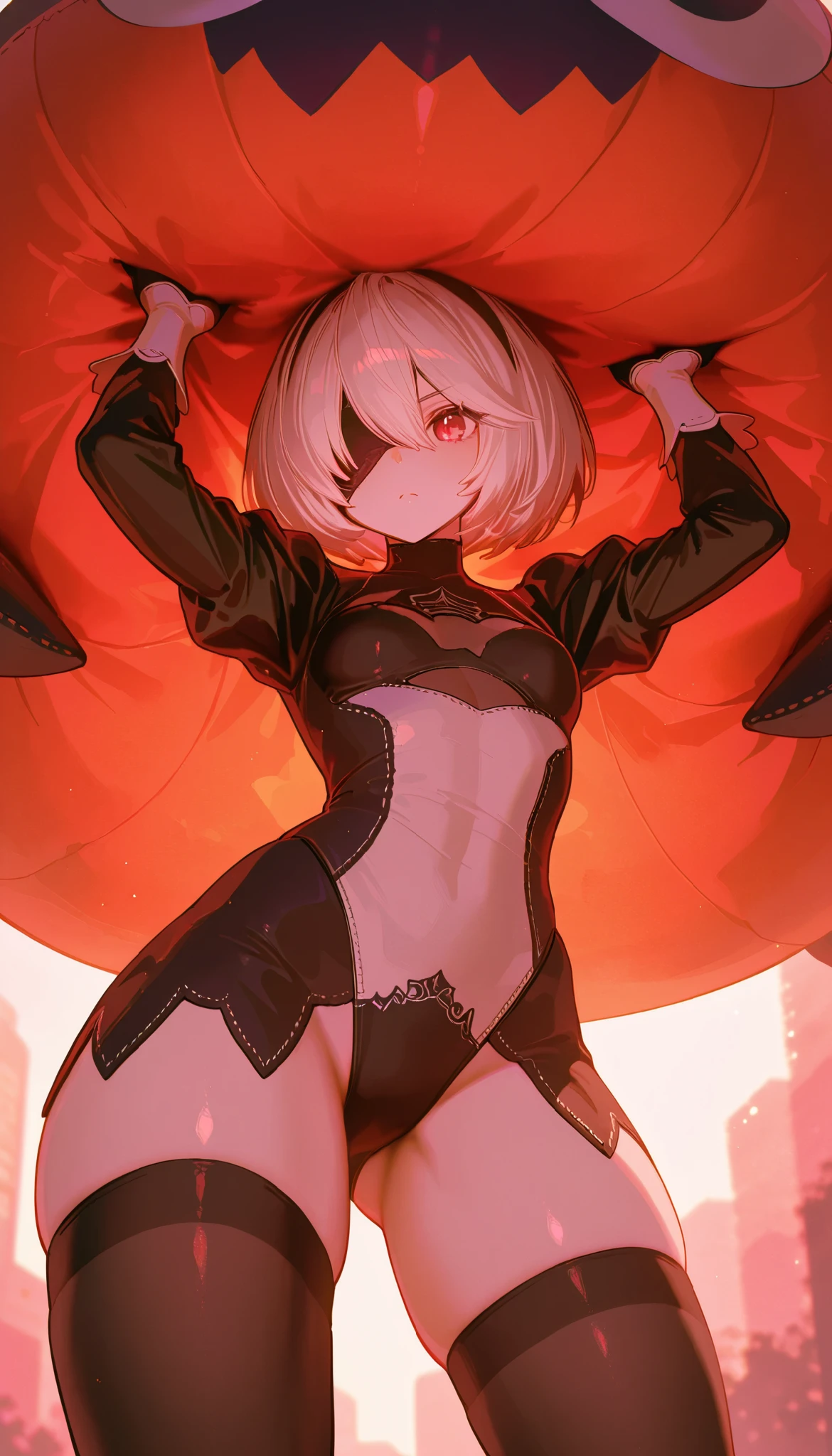 (8k, top quality, masterpiece, : 1.2), atmospheric perspective, 8k, very detailed, accurate, top quality, masterpiece, very detailed,sharp concentration, High Resolution, (Sexy YoRHa No.2 Type B), (close up of Type 2B), fighting against a huge stuffed animal