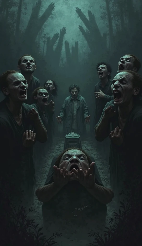 Terrifying Alien Autopsy in grunge dirty style. A dark and dingy room. A group of scientists in white coats huddle around a long metal table. On the table, a large, alien body lies exposed. The body is covered in strange, pulsing veins. Its skin is a sickly green color. Its eyes are large and black, with no pupils. Its mouth is filled with sharp, pointed teeth.