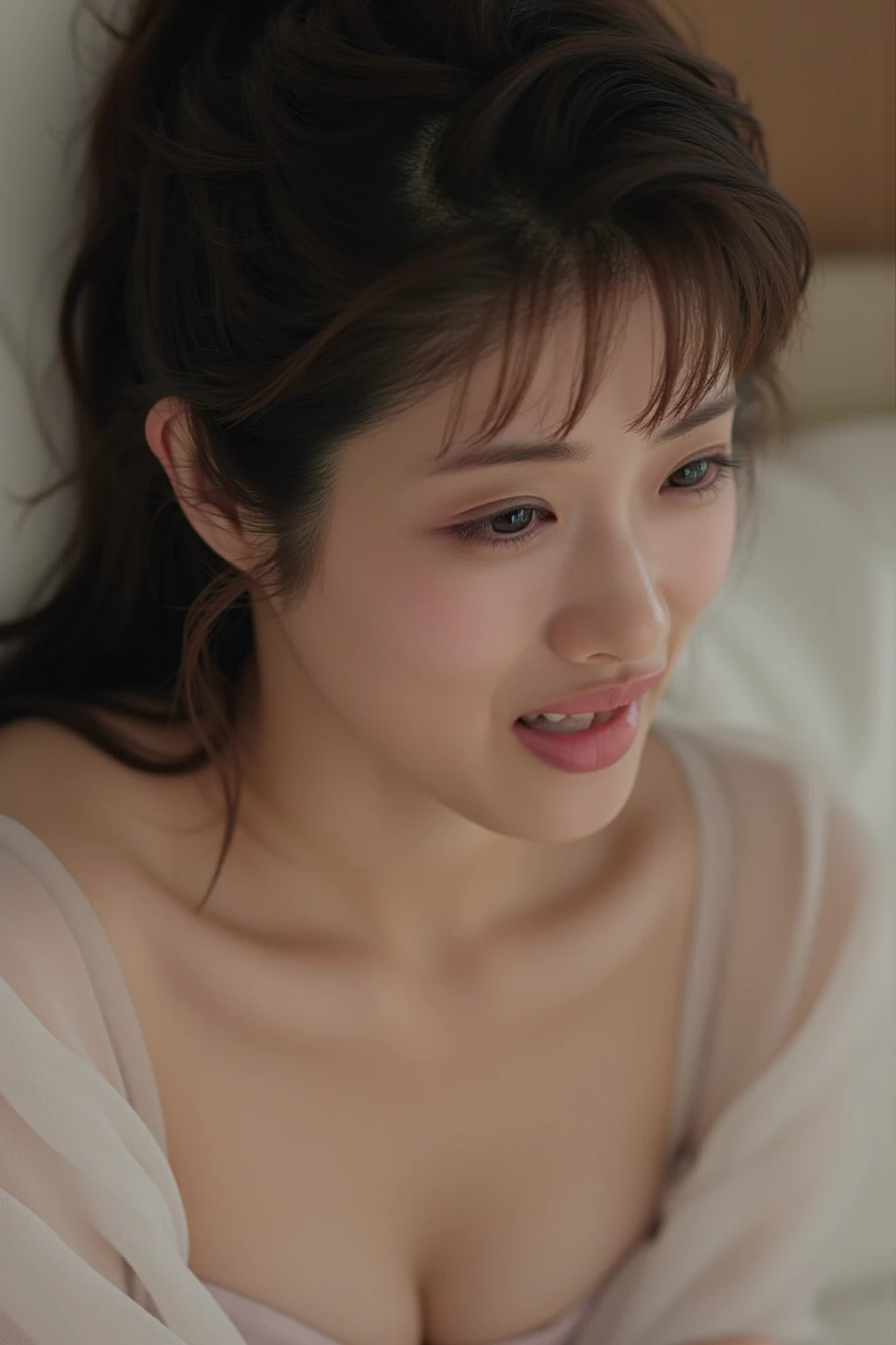 nsfw,Best quality, masterpiece, ultra high res, (photorealistic:1.4), 1 japanese girl,18 years old, lying on up,high angle,slim body,penis in pussy,(cum on stmach,cum on face,cum on legs,cum overflow:1.2), all fours,(large breasts:1.3),(sad and crying:1.2),perfect pussy,on bed
