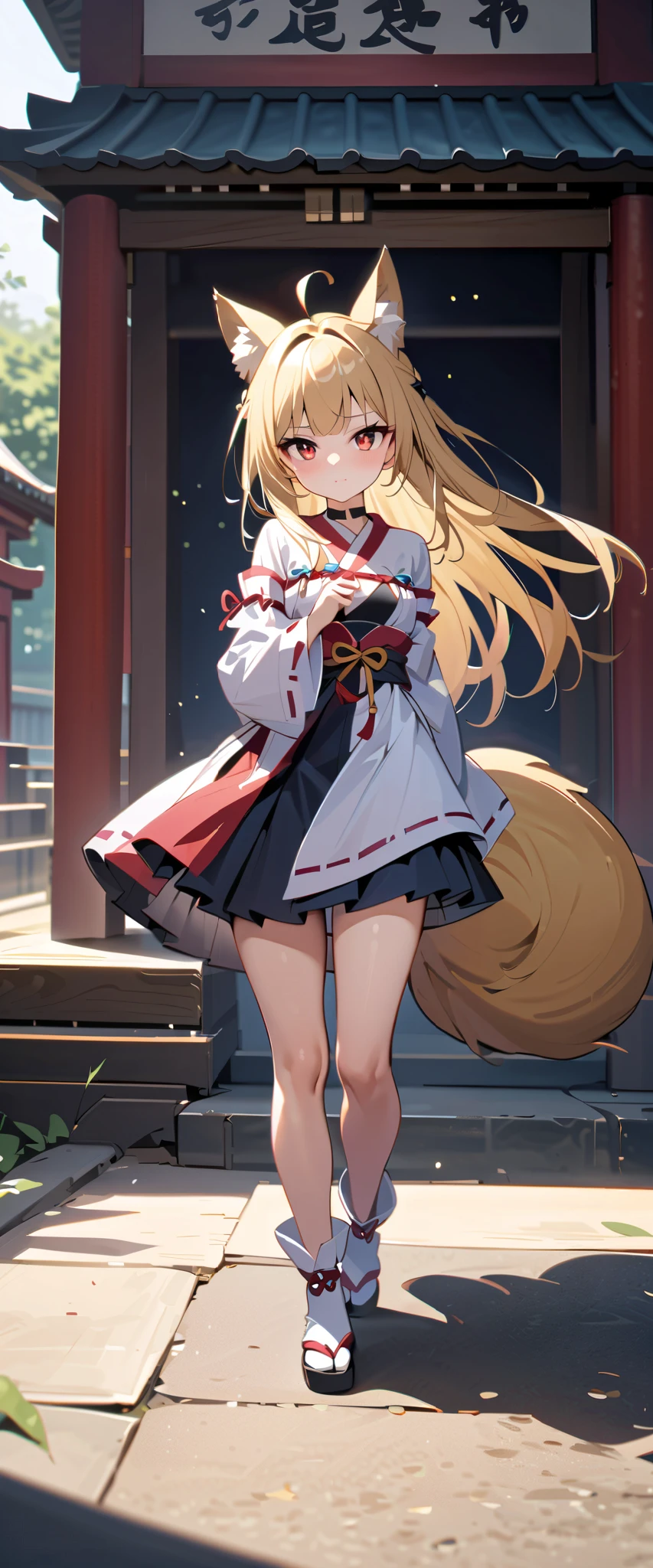(high-quality, breathtaking),(expressive eyes, perfect face) 1girl, female, solo, maomao, cowboy shot, medium full shot, blonde hair color, alluring red eyes, long hair, flat chested, small breasts, small stature, fox ears, fox tail, small Ahoge, Eastern Attire, medium full body, looking towards viewer, HD, High quality image, dusty particles floating around, black choker, Shrine maiden aesthetic, Japanese Shrine maiden outfit,