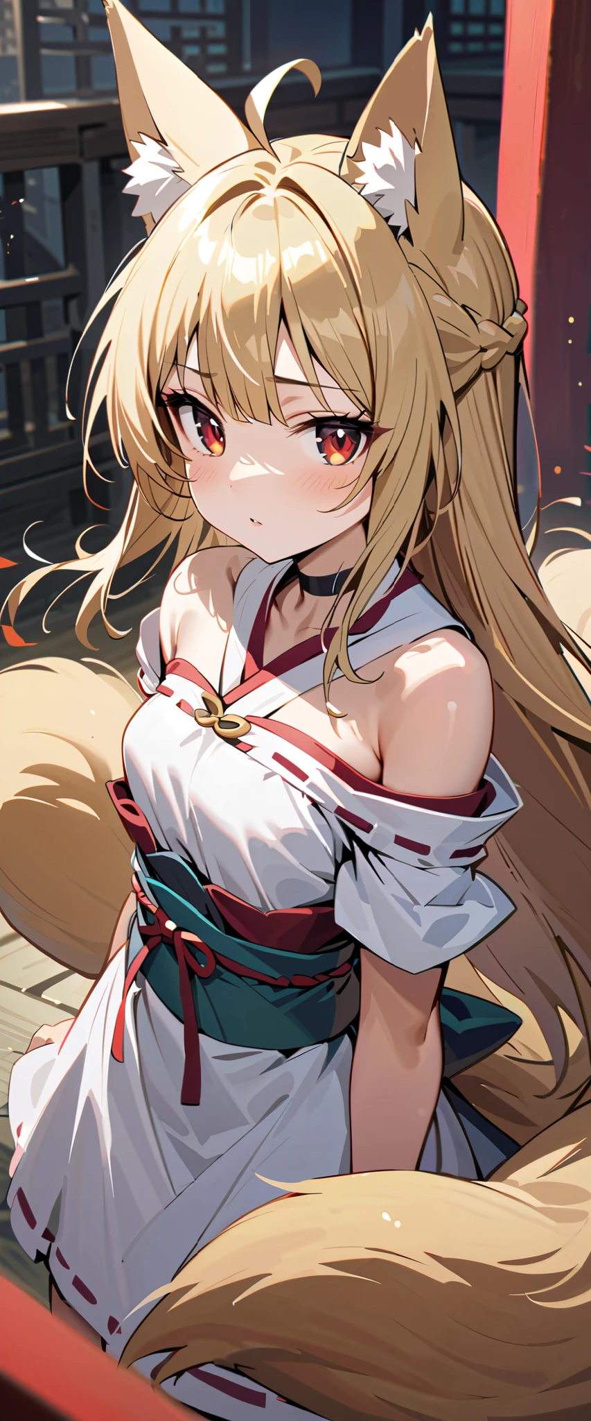 (high-quality, breathtaking),(expressive eyes, perfect face) 1girl, female, solo, maomao, cowboy shot, medium full shot, blonde hair color, alluring red eyes, long hair, flat chested, small breasts, small stature, fox ears, fox tail, small Ahoge, Eastern Attire, medium full body, looking towards viewer, HD, High quality image, dusty particles floating around, black choker, Shrine maiden aesthetic, Japanese Shrine maiden outfit,