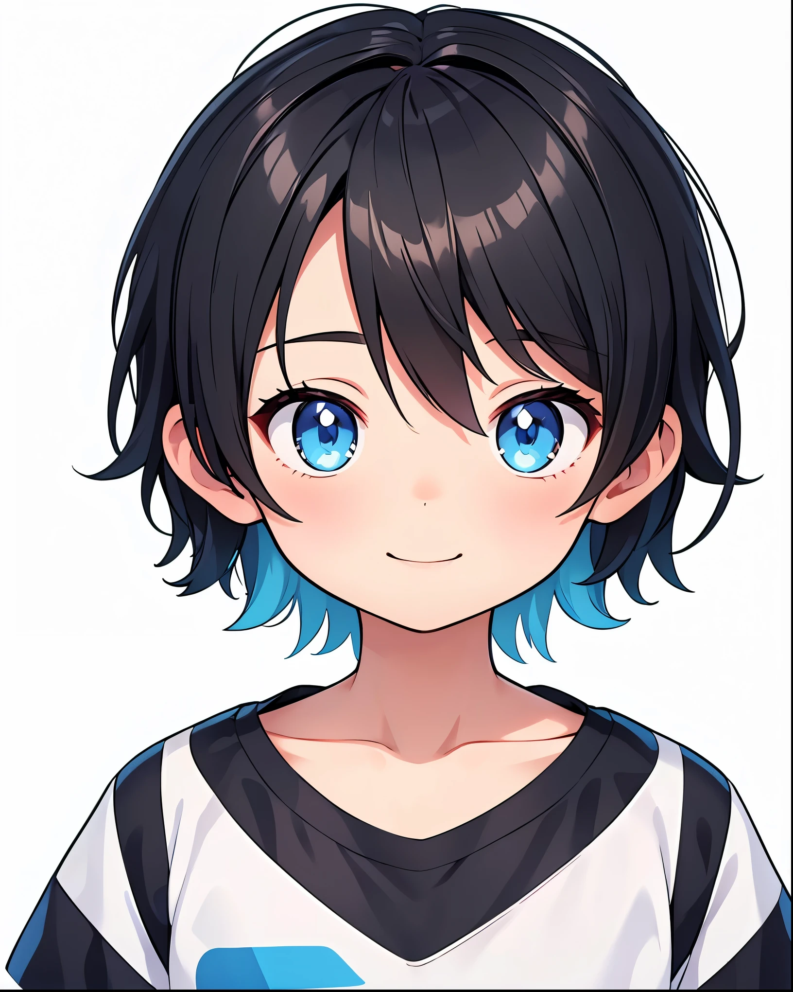 Boy, his anime illustration face in soft color palette style, anime gif, hand drawn animation, attractive sketch, smooth and shiny background - AR 1:1 - Rainbow 5 - style is expressive - S 50 (best quality, masutepiece, raw photo, very detailed: 1.2), shiny black hair, pretty blue eyes, best image quality, 8k, smile, head is close to the center of the screen, front view, from the front, one man, wide angle, short hair, blank white background, kamimei, view from above, upper body of the body, pure white background