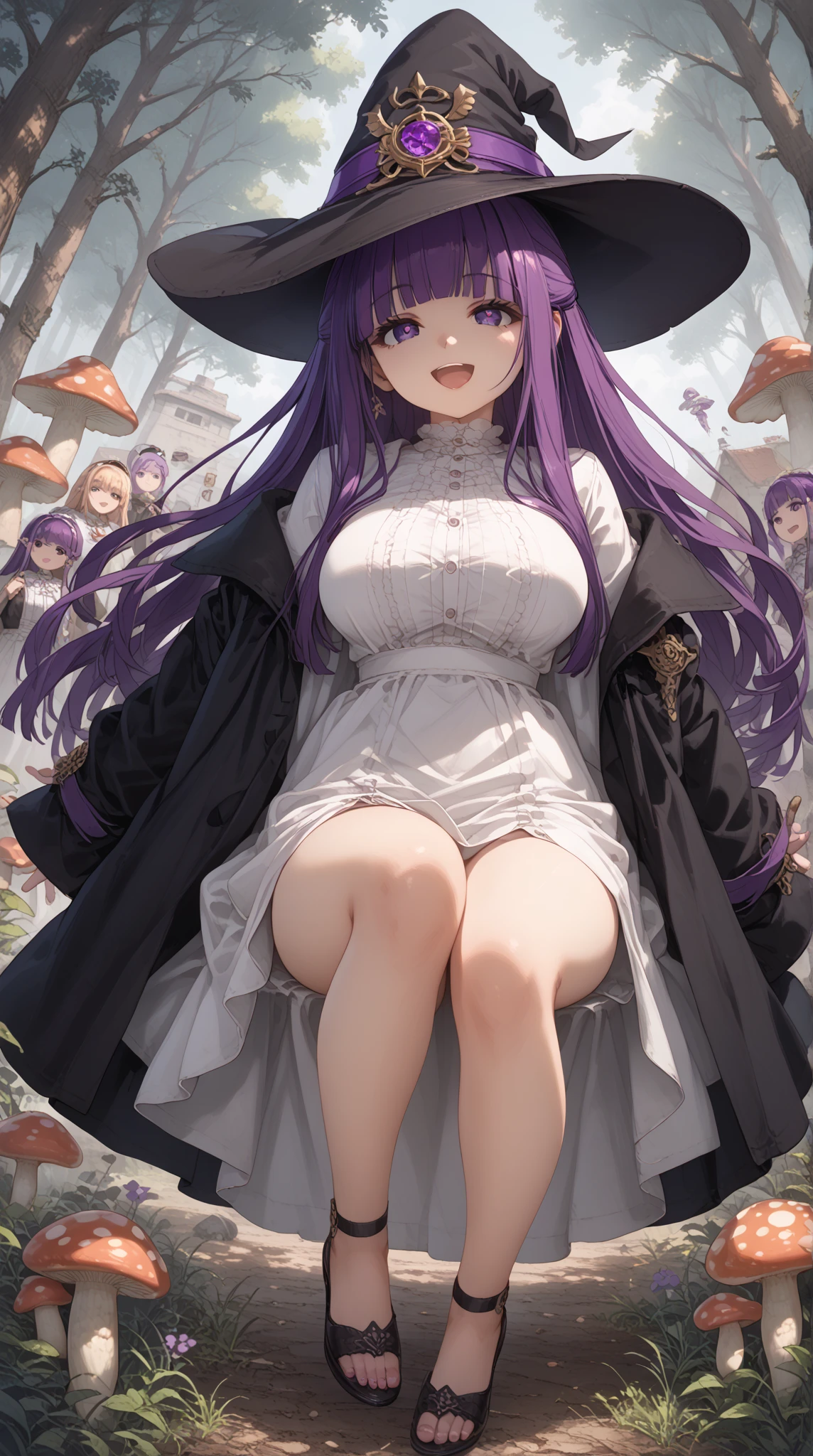 (solo), (Patchouli toho character:1.3), (standing at lakeside forest alone), outside, (standing with open legs wide:1.3), (arms behind back), swaying back, stretch legs, tiptoe, BREAK, (disproportionately gigantic huge breasts:1.3), cleavage, inconceivably narrow waist, very short torso, (skinny long legs), BREAK, capelet, sheer short dress, very short skirt, thigh gap, (black thighhighs), stiletto heels, BREAK, smile for viewer, open mouth, nose blush, full body, pussy juice, (orgasm), (nsfw:0.5), coverd erectile nipples