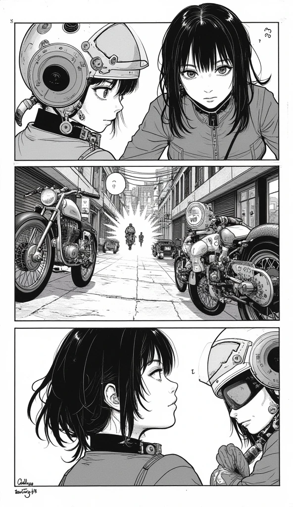 Two cute anime girls kiss while sitting on the saddle of a motorcycle, a petrochemical plant, naked