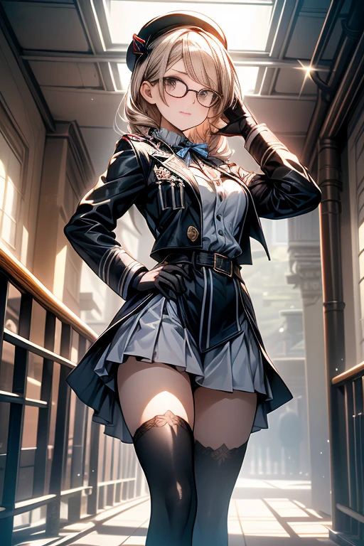 girl, black blindfolds, short yellow hair, Little smile, black jacket, white knuckleless gloves, short white skirt, small black boots, Long black stockings.