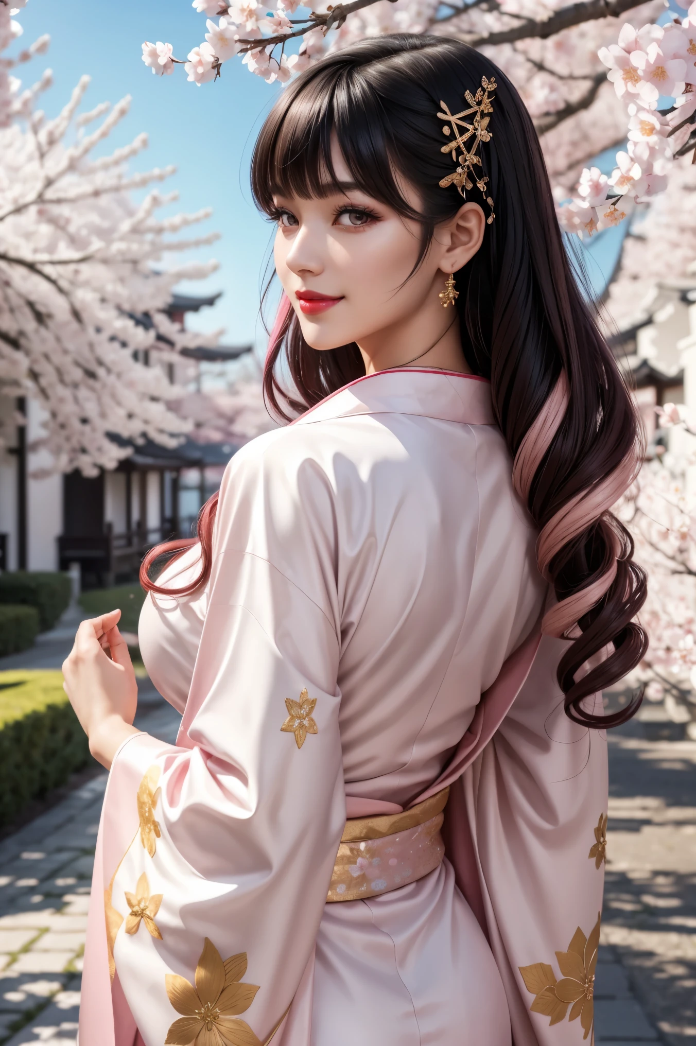 beautiful black hair ,shortcuts,Aligned bangs,Bright red lips,Pink Eyes,white skin,Beautiful Japanese clothing,smile,super high quality,Ultra High Quality,masterpiece,dslr,photorealistic, Detailed Details,Vivid details,is drawn in detail,detailed face, Detailed Details,Super Details,realistic skin texture, colorful candy room ,perfect anatomy,anatomically correct hand,anatomically correct fingers,complex 3d render,Beautiful back view,Light pink sequin kimono studded with gold,Beautiful hairpin,cherry colored nails,Mysterious cherry blossom blizzard,Clear skies, Beautiful Blue Sky ,Picturesque, the whole body,9 heads, beautiful curly hair ,