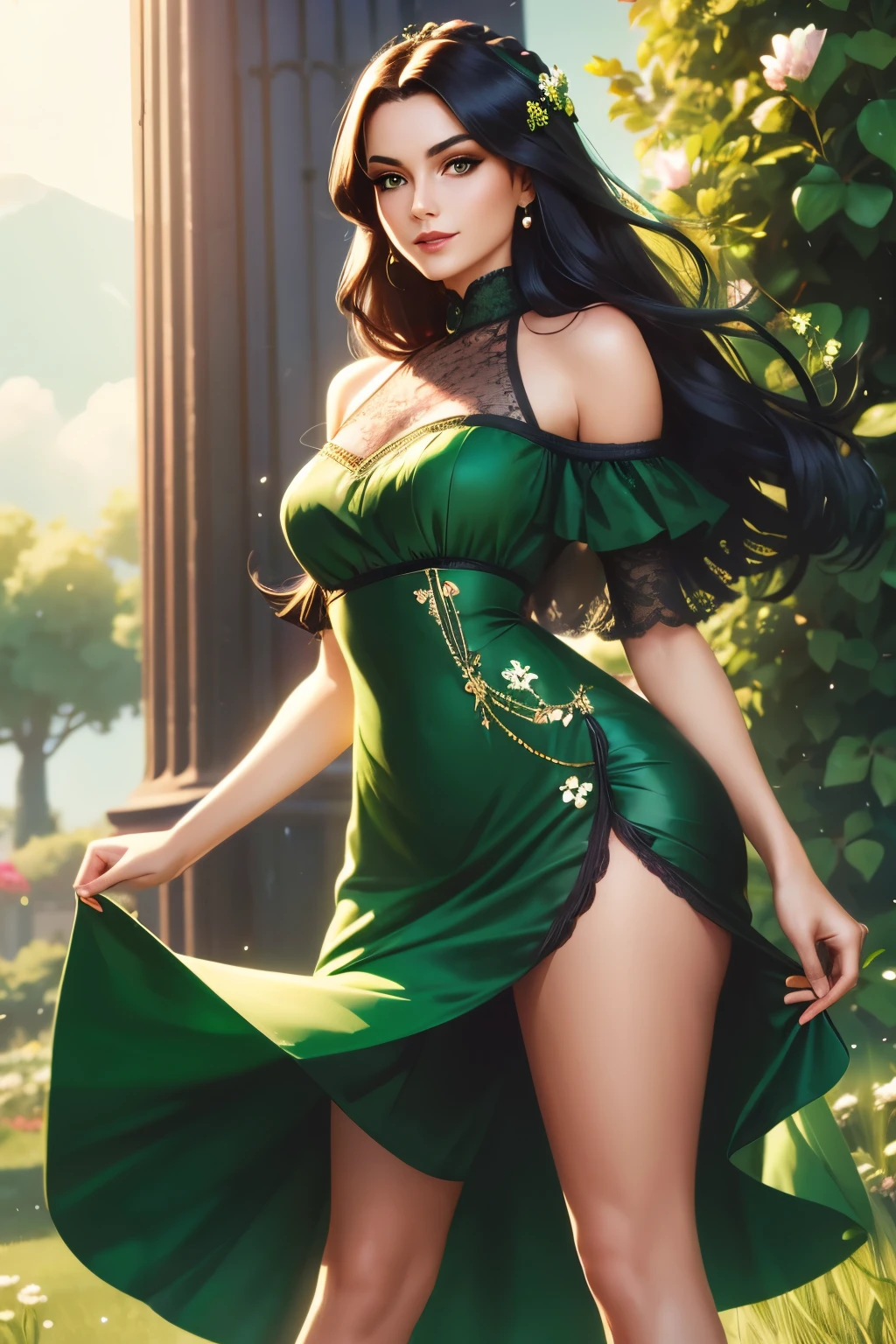 Xianyun/preserver of the clouds, obtained, 1 woman, sideways walking through liyue, wearing her dress mixed between black and green revealing tight fitting elegant, Whole body (curved), long hair tied in a black and green ponytail, fine and delicate and beautiful face, green eyes, thin lips with green lipstick, (big breasts), (plump butt), drawn anime style but not realistic