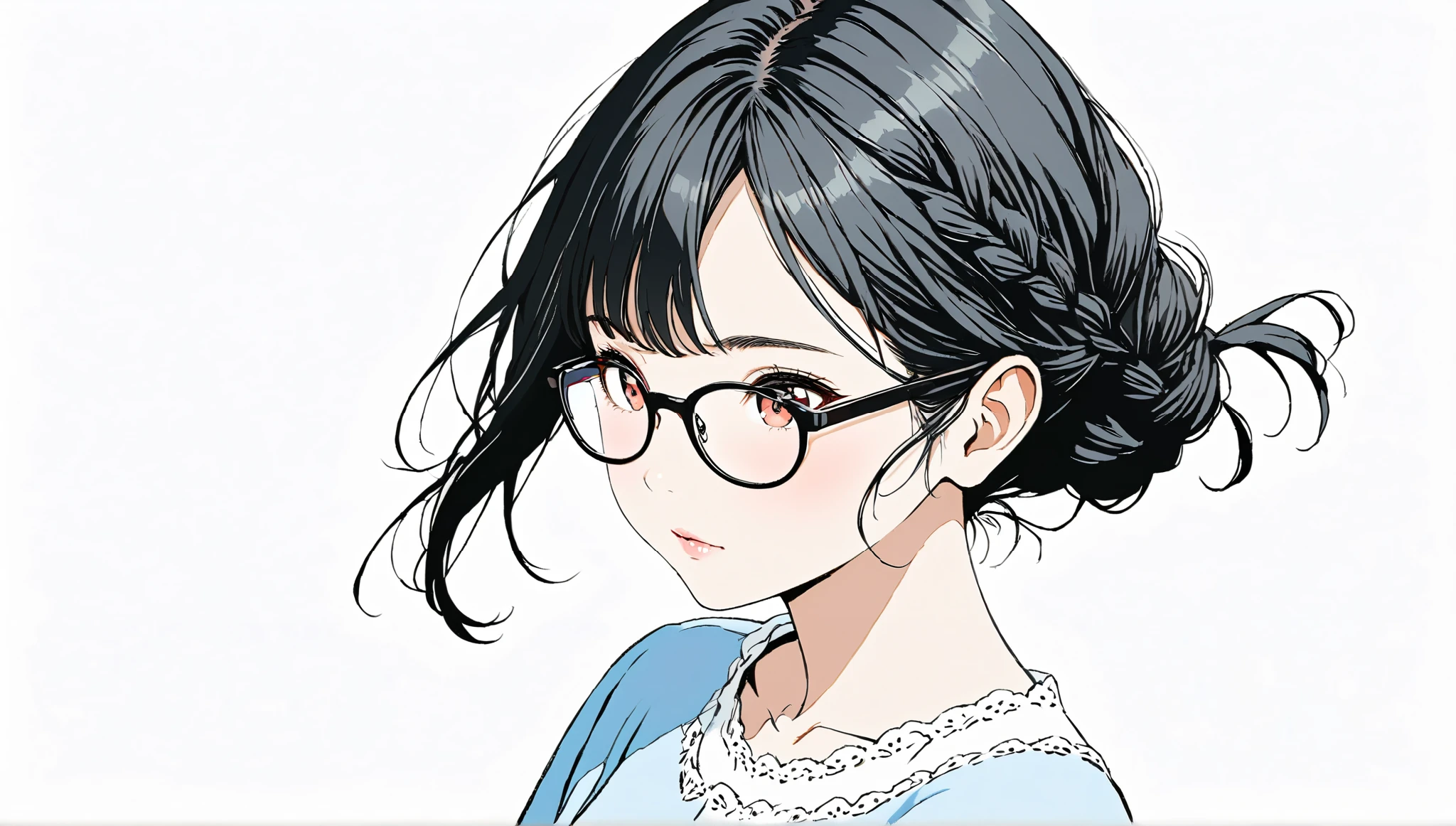 ((Pop Color))、((alone)),((Vaguely)),wind、((face up)),((White solid background)),no nose,((black hair braid long hairstyle)), has red cheeks、(((black rimmed glasses))),masterpiece, Highest quality, Beautiful attention to detail, Very detailed, In detail, High resolution, ((white blouse、blue skirt))),Perfect Anatomy, , , girl, (one person:1.5), alone, (), (), , (())、