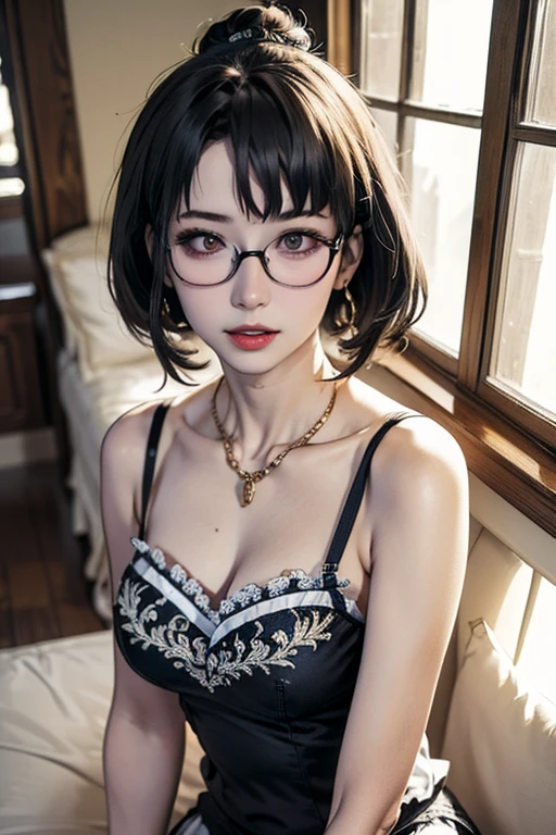 (surreal)、(Implications)、(High resolution)、(8K)、(Very detailed)、(Best Illustration)、(Beautifully detailed eyes)、(Top quality)、(Ultra Detailed)、(masterpiece)、(wallpaper）、（a delicate face）、solo、1 Girl、Looking at the audience、fine、a delicate face、in the dark night、Deep shadows、Low profile、purebred face_V1、((short hair))、Black shawl straight hair、Side bangs、thin braids、black glasses frame、(Big boobs),Beautiful abdominal muscles,Fitness