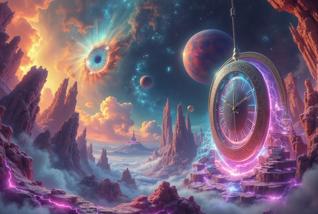 Imagine a surreal dreamscape where the laws of physics dissolve into contradictions. In this realm, impossible geometries twist and collide: floating, Escher-inspired staircases loop into themselves, and fractal structures merge seamlessly with amorphous, shifting clouds of color. In the foreground, a translucent clock melts over a prism, its numerical hands dissolving into streams of liquid light that bend time itself. A colossal, enigmatic eye hovers in a fragmented sky, reflecting a universe where galaxies split and multiply like shards in a shattered mirror. Abstract figures—half-human, half-mechanical—float in a graceful, weightless dance, their forms constantly morphing between organic curves and digital glitch patterns. The color palette is a daring mix of neon vibrancy and deep, somber shadows, creating an atmosphere of both wonder and unease. Ethereal mists and cascading ribbons of light swirl around crystalline structures and warped reflections, blurring the lines between reality and illusion. Every element in the scene seems to defy logic, evoking the sensation of peering into a portal of infinite paradoxes, where the familiar and the fantastical coexist in perpetual contradiction.