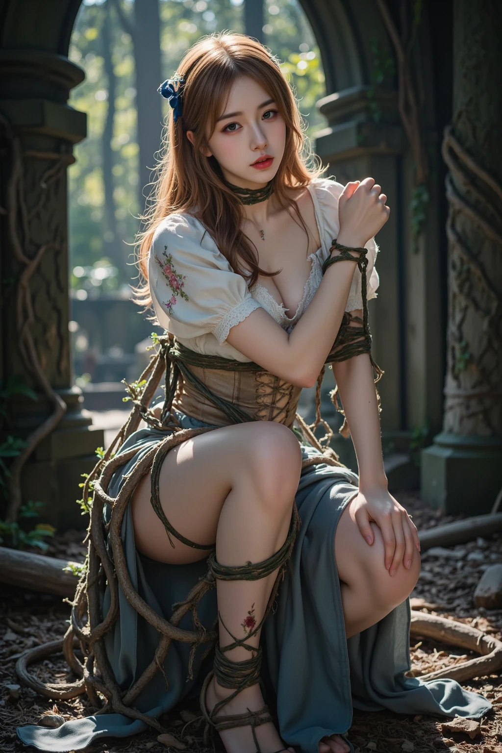 masterpiece, highest quality, slender young girl, ((Restrained to a tree, shibari)), closed eyes, forest, (clenched teeth, tears,collar)