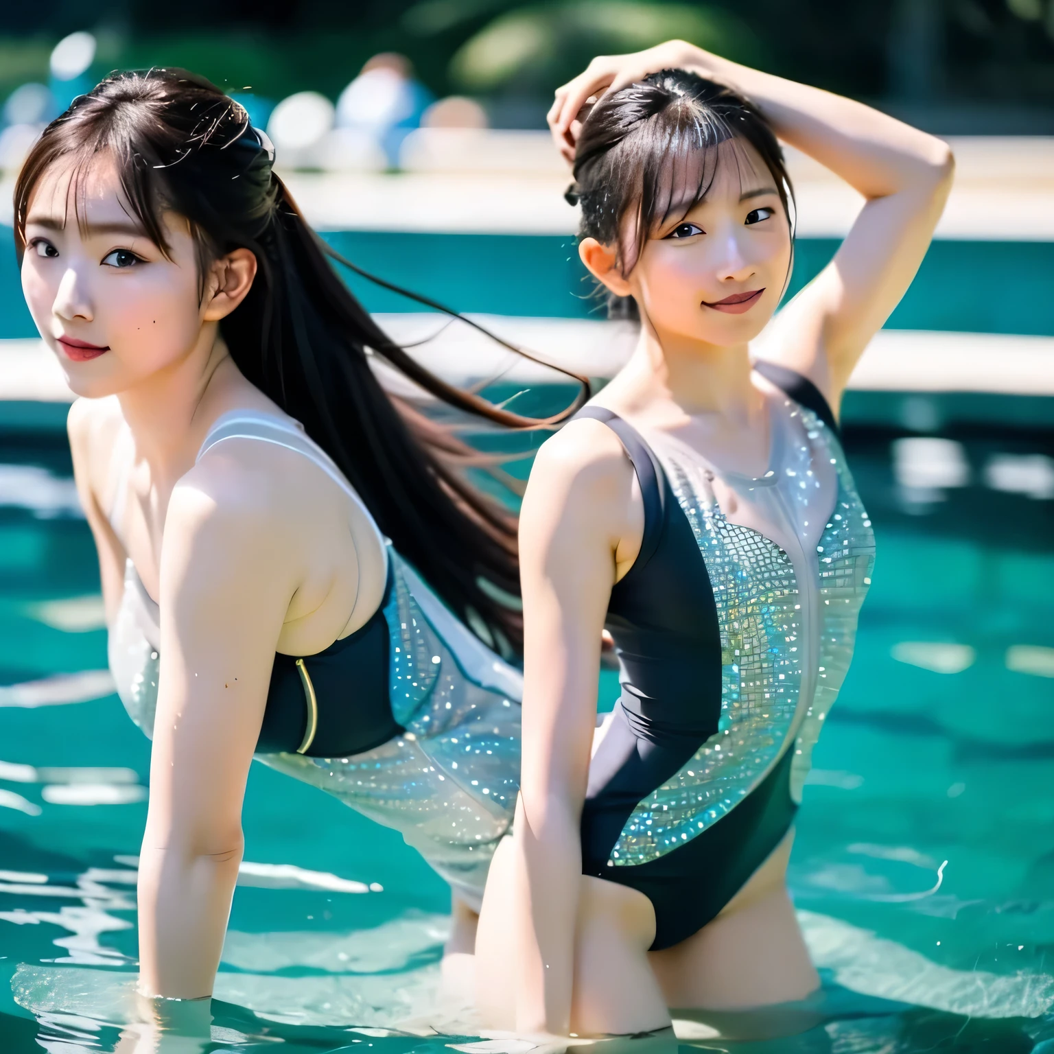 Depict a 20-year-old, breathtakingly beautiful woman performing synchronized swimming in a crystal-clear pool. She wears a stunning, form-fitting swimsuit adorned with sparkling embellishments, designed for both elegance and functionality. Her body moves in perfect harmony with the water, arms extended gracefully, legs executing a precise movement. The water ripples around her, reflecting the bright lights of the aquatic arena, creating a mesmerizing scene of beauty and strength. Black hair, shoulder-length, dark eyes.