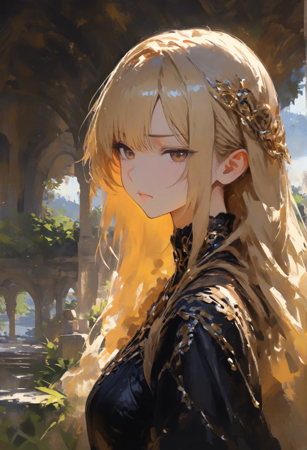 beautiful girl, blonde hair, talking something, watching gladiator, in colloseum, medieval times, detailed face, detailed nose, detailed eyes, full of expression, who was sitting in one of the grandstands among the front row seats. High pillars, which rose from the corners in the left and right, supported a roof that covered the stand, looking straight ahead as she put a finger to her plump and florid lips