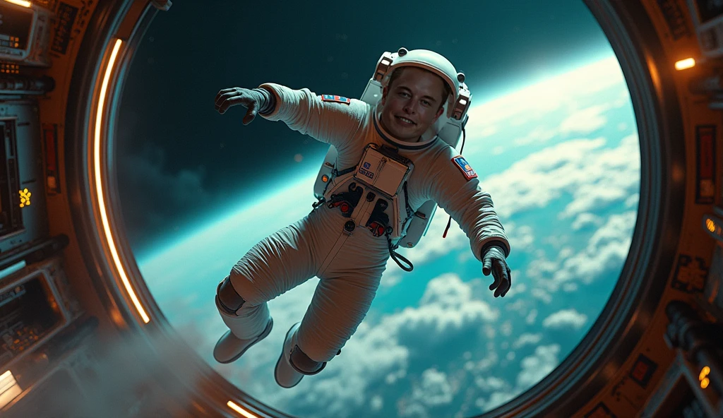 Extremely detailed and high resolution masterpiece Astronaut man reaching for a light and wanting to catch it in space with background noise
