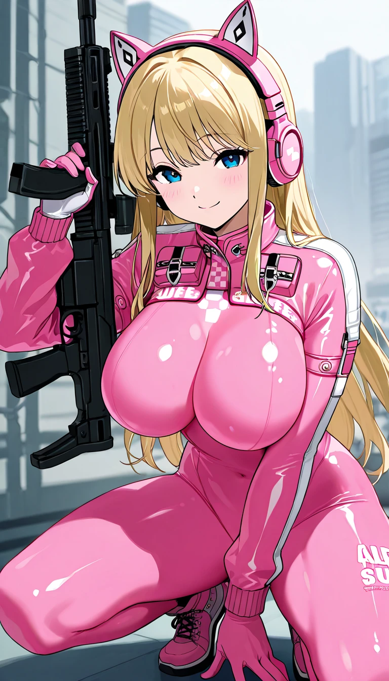 A blonde, muscular, big-breasted MILF wearing a pink tube top, white leggings, white boots, white gloves, and a cat ear headband