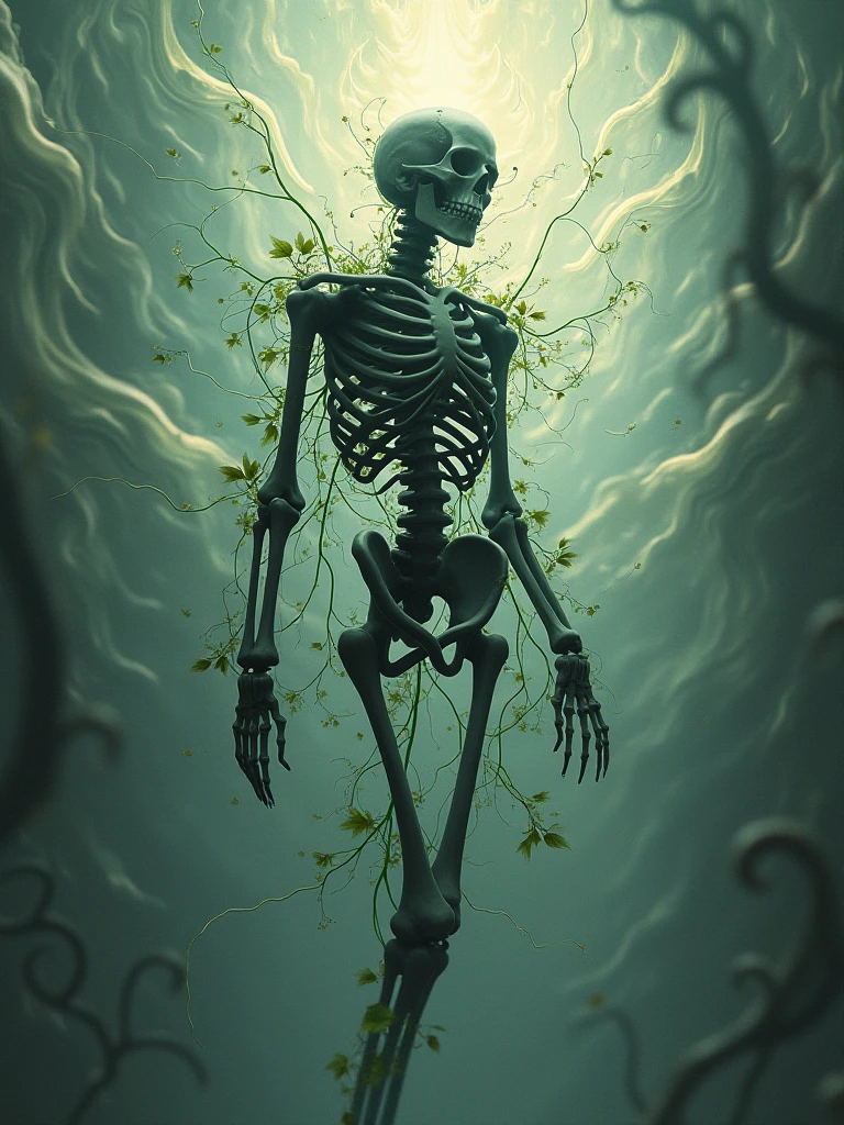 deep shadow, dark shadow, rocks, deep cave, darkness, a ray of light is directed at a skeleton that sits in a lotus position and holds in its hands a tree sprout, a tree sprout, a green leaf, a ray of light, a skeleton, old, cracks, cobwebs, graphic style of novel comics, 2d, 8k, hyperrealism, masterpiece, high resolution, best quality, ultra-detailed, super realistic, Hyperrealistic art, high-quality, ultra high res, highest detailed, lot of details, Extremely high-resolution details, incredibly lifelike, colourful, soft cinematic light,
