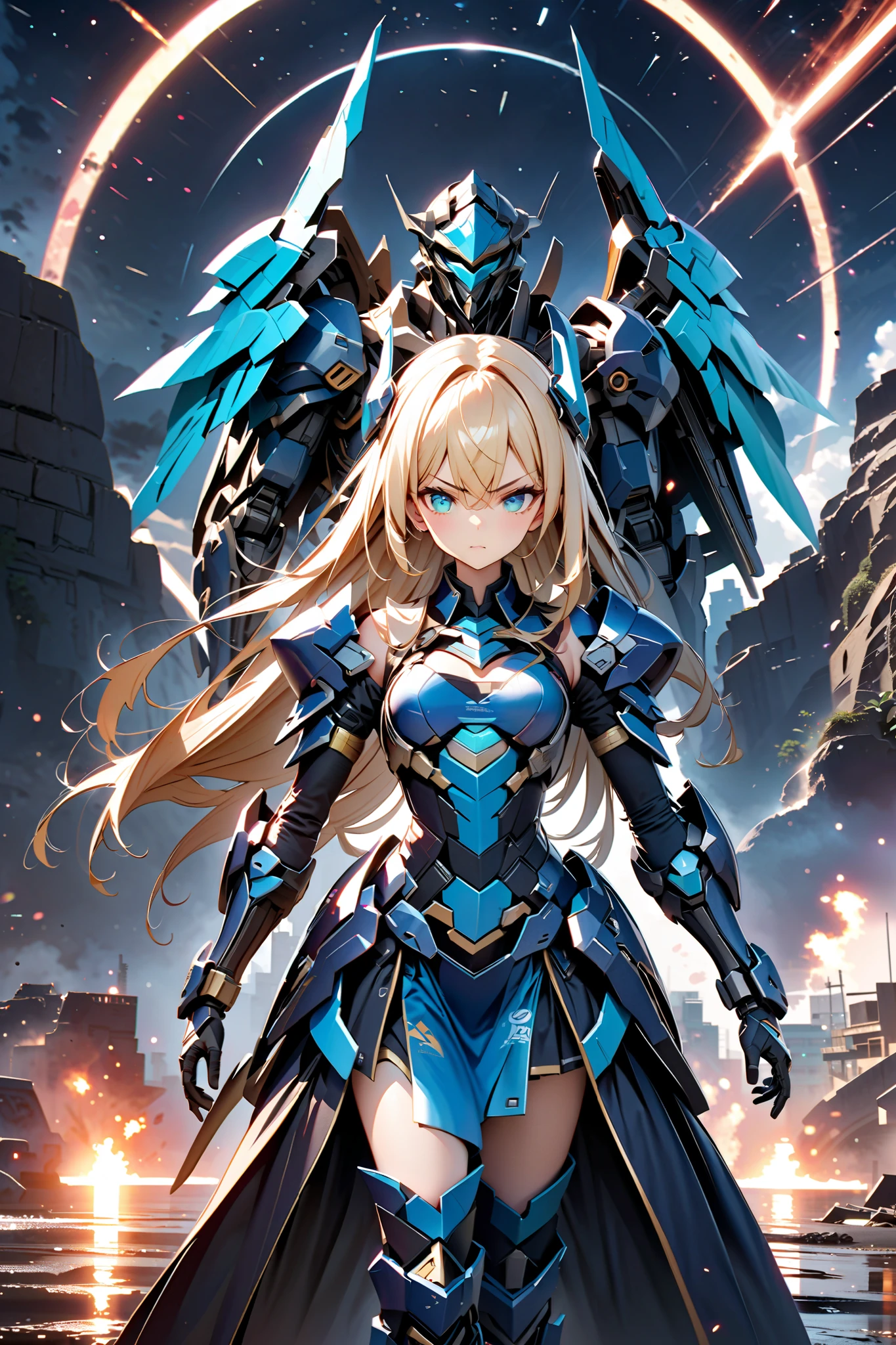 Girl using a weapon 、
1 girl, serious expression、 long hair, Mecha Girl, Blue Armored Girl:1.2、Shining Machine Wings:1.5、 Jade Eyes, cute face、Armed Girl 、High Contrast between Mouth and Nose、 、手形のあるなびく髪、 intense expression、Fierce Battle Scenes、Dramatic Lighting、bright color、Strong Strokes、lens flare 、Detailed armor and weapons、 oconnor , masterpiece, accurate, 人体解剖学的に accurate,
anime, Apocalypse,
dynamic pose,
top quality, HD Model, super accurate, 3D rendering, Blue Blade 、 Cosmic Background Radiation