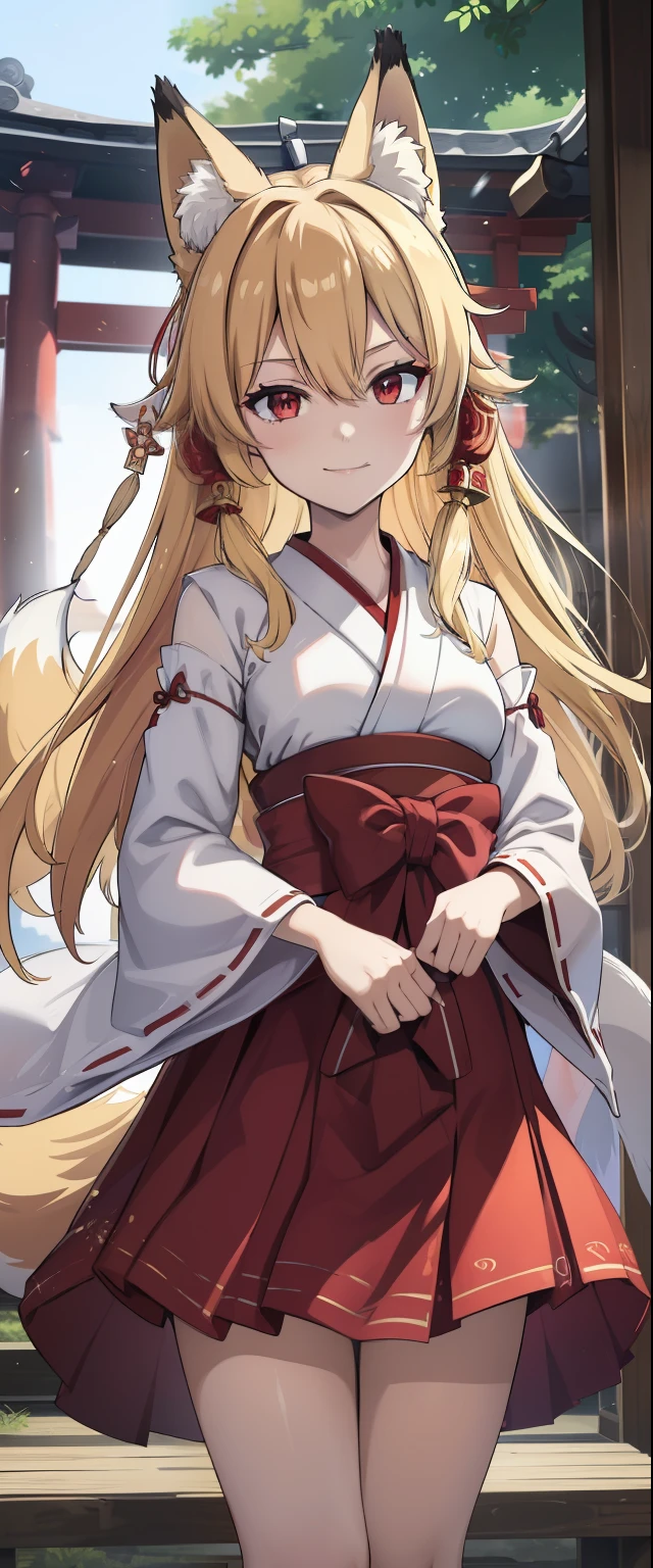(high-quality, breathtaking),(expressive eyes, perfect face), red sash, gold ribbon, shrine maiden, japanese, kimono, pure white kimono, red trim, long sleeves, red hakama, charming smile, fox ears, fox tail, kitsune, red eyes, blond hair