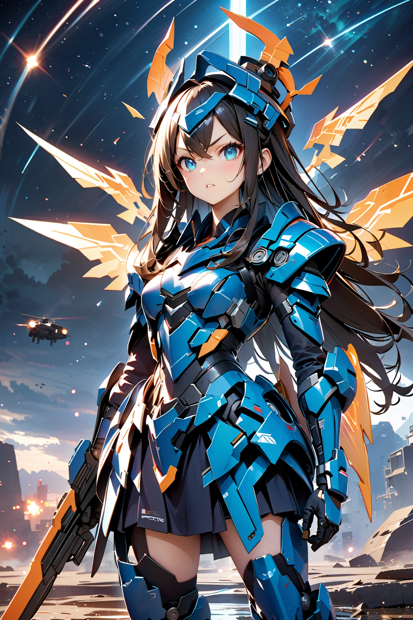 Girl using a weapon   、
1 girl,     serious expression、 long hair,   Mecha Girl,  Blue Armored Girl：1.2、Shining Machine Wings:1.5、  Jade Eyes,  cute face、Armed Girl 、High Contrast between Mouth and Nose、 、手形のあるなびく髪、     intense expression、Fierce Battle Scenes、dramatic lighting、bright color、Strong Strokes、lens flare 、Detailed armor and weapons、  oconnor   , masterpiece,     accurate, 人体解剖学的に    accurate, 
anime, Apocalypse, 
dynamic pose, 
top quality, HD Model, super   accurate, 3D rendering, Blue Blade   、 Cosmic Background Radiation 