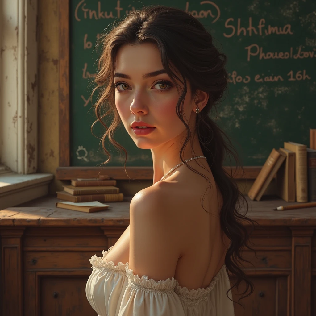 Messy hair, nice turk woman sitting in classroom, artwork on the blackboard, short black skirt, white blouse without buttons, messy buns, camera upwards, voyeurism, slightly sexually aroused, intimacy, soft light, warm light on face and body, computer, focus, skin and hair, soothing, high-detail skin, HDR, partially exposed. photo taken from below, freckle marks on the face, --auto --s2