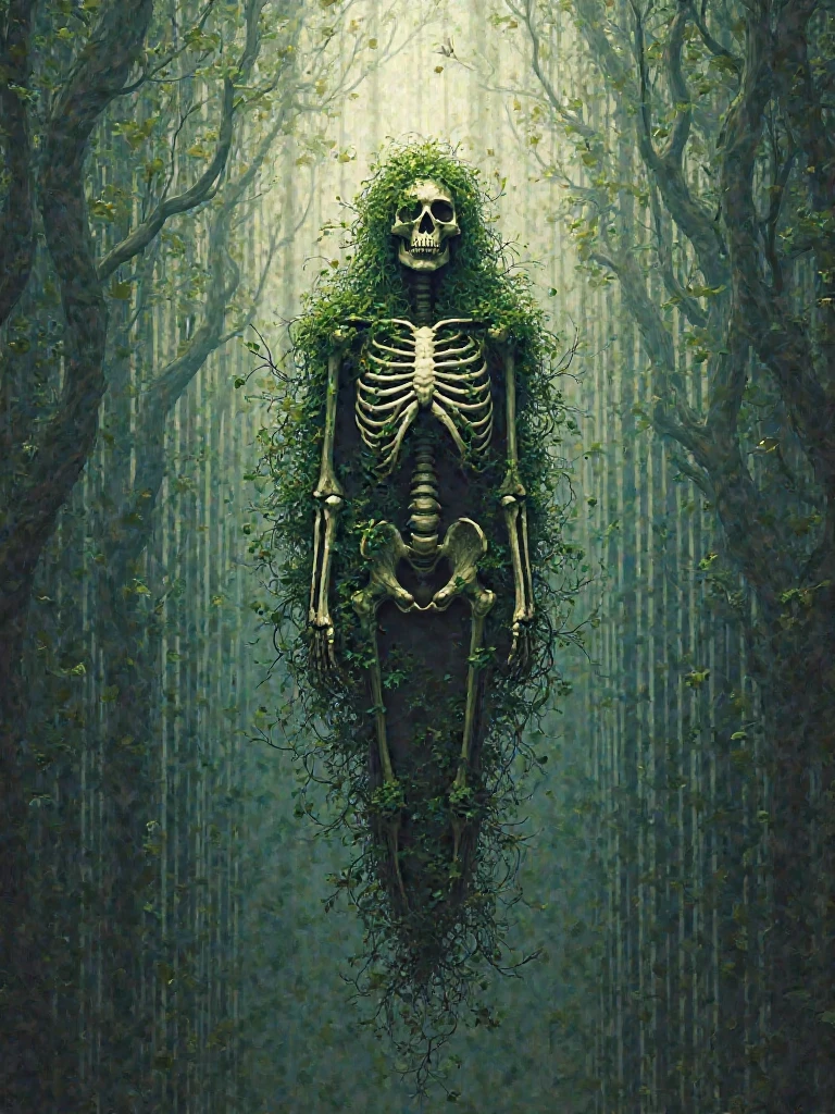 arafed man lying on the ground in a forest with a skull on his head, Estilo Beksinski, old school dark fantasy art, Beksinski's masterpiece, micheal whelan, Dwayne Barlowe, oro esmeralda y beksinski, zdzislaw Estilo Beksinski, Highly detailed Beksinski art, audobon and beksinski