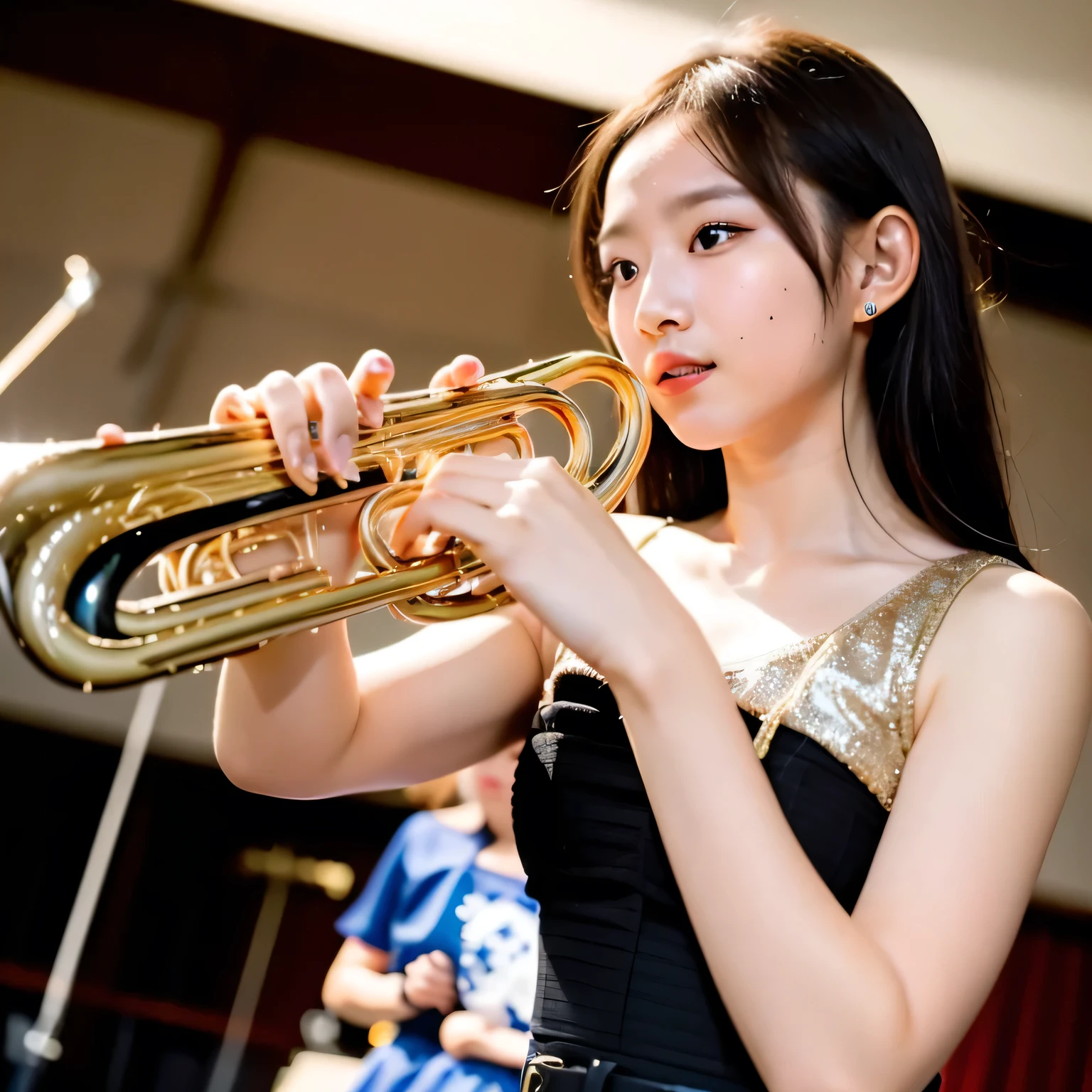 Depict a 20-year-old, dazzlingly beautiful woman playing a brass instrument in a grand concert hall. She wears an elegant yet practical band uniform, designed with intricate gold embroidery. Her posture is poised, fingers positioned with precision, her eyes focused as she plays passionately. The warm stage lighting highlights the shine of her instrument, creating a visually striking contrast between her and the surrounding orchestra. Black hair, shoulder-length, dark eyes.