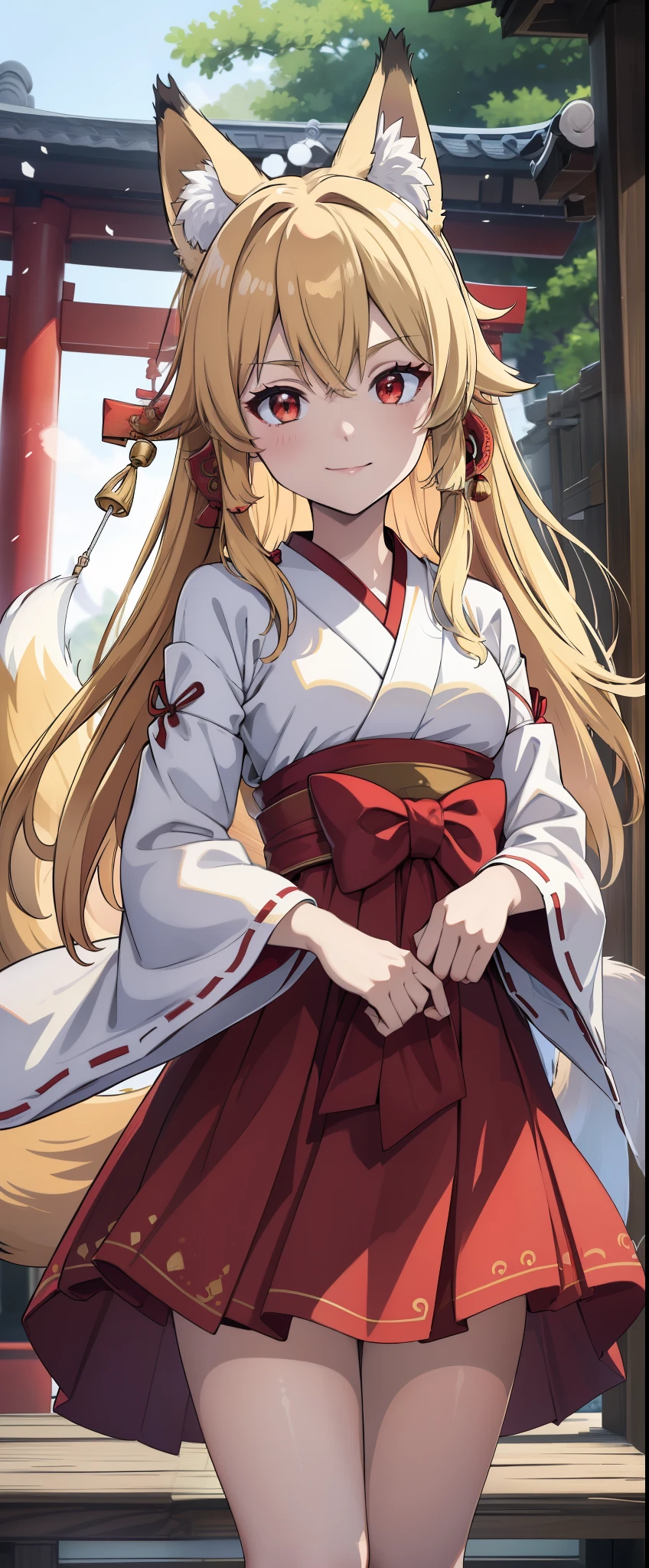 (high-quality, breathtaking),(expressive eyes, perfect face), red sash, gold ribbon, shrine maiden, japanese, kimono, pure white kimono, red trim, long sleeves, red hakama, charming smile, fox ears, fox tail, kitsune, red eyes, blonde hair