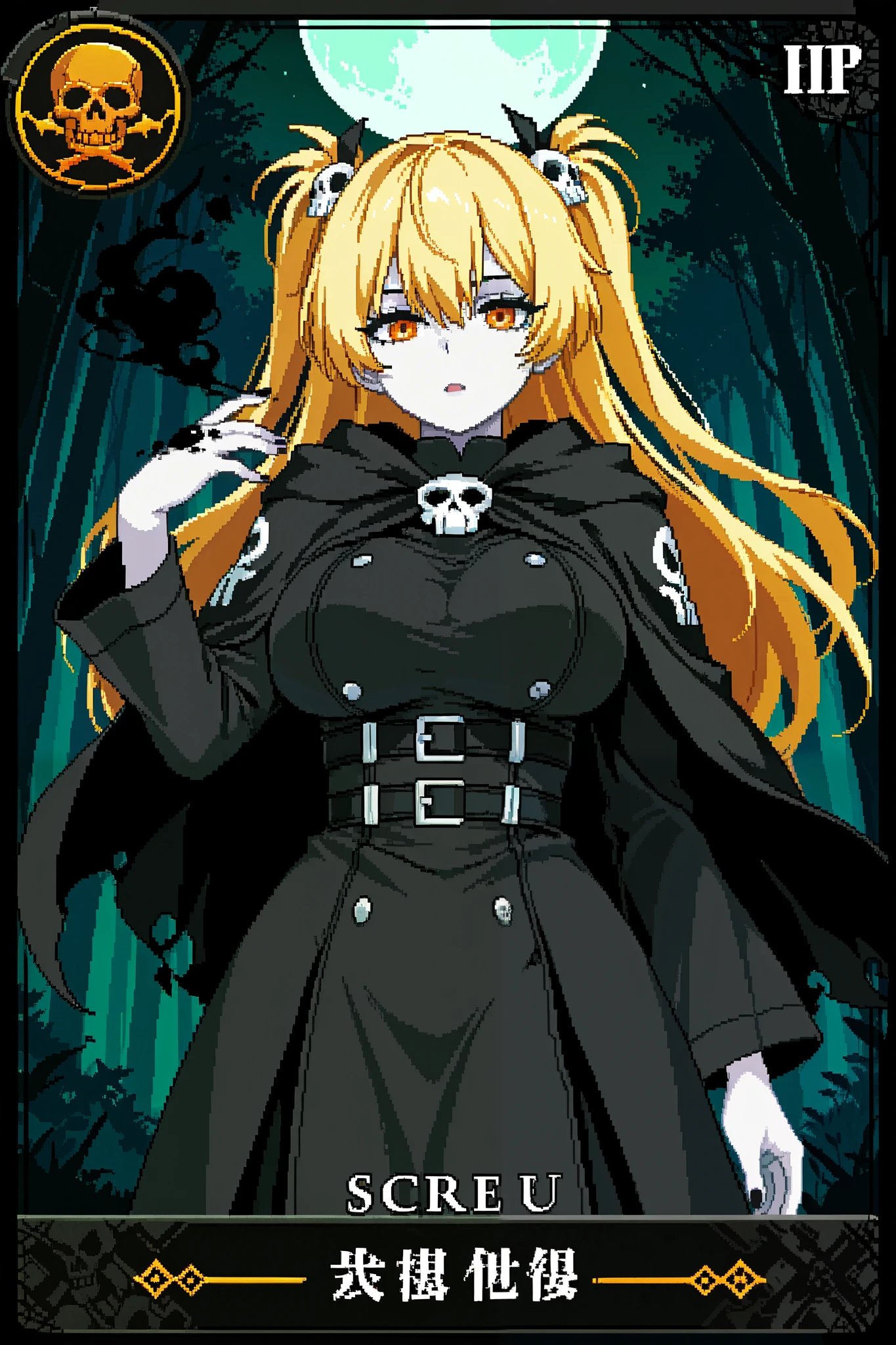 score_9, score_8_up, score_7_up, source_anime, 1girl, solo, pixel art, playingcard, trading card, card_(medium) BREAK
Blonde hair, long hair, two side up, orange eyes BREAK large breasts, pale skin, black eyelashes BREAK
Gray cloak, skull hair ornament, BREAK
Looking at viewer, emotionless face, open mouth, standing, portrait, outdoors, ancient woods, forest, hand up, black spheres on hand, skull icon, night sky, fullmoon, black smoke,