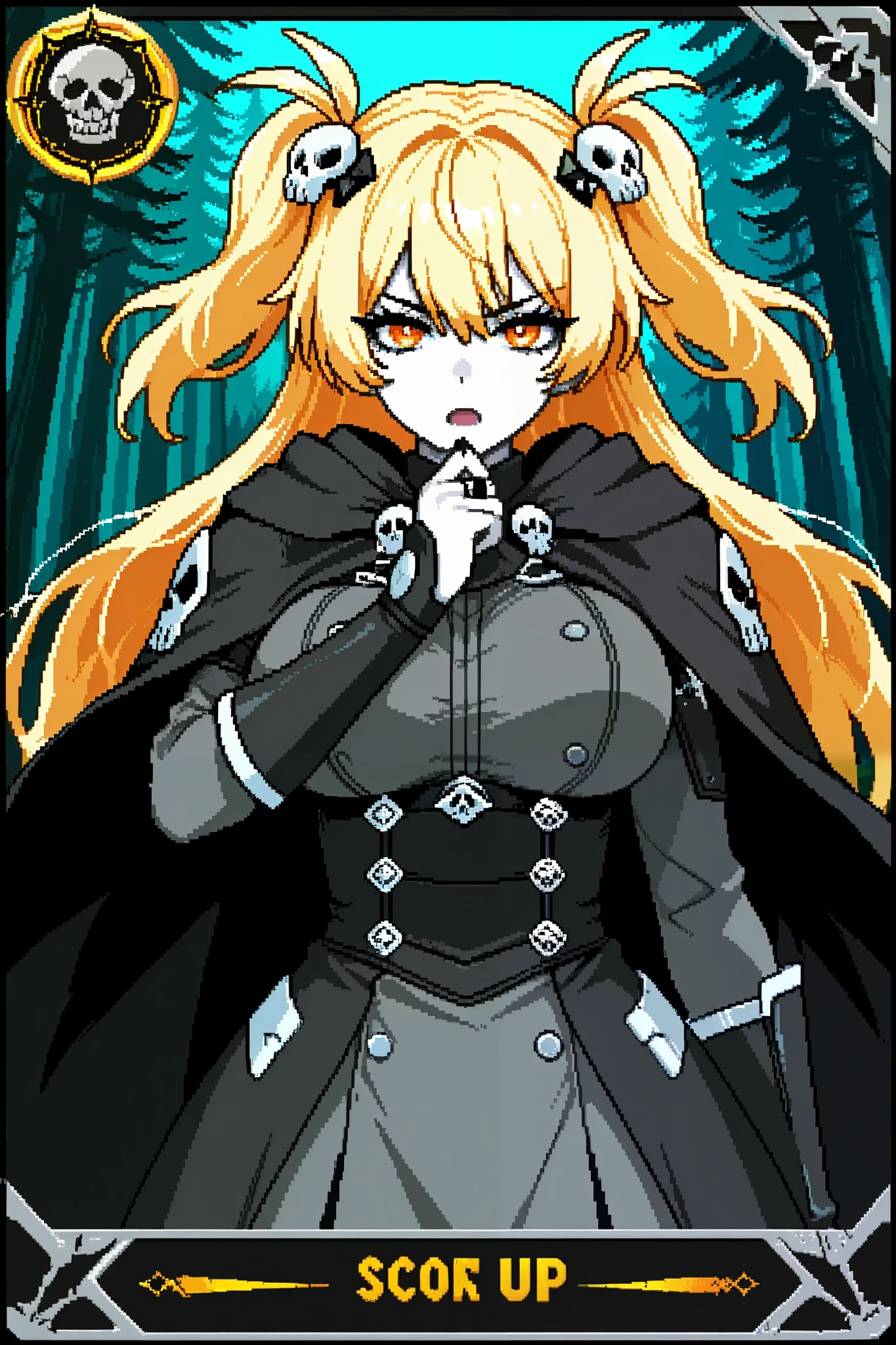 score_9, score_8_up, score_7_up, source_anime, 1girl, solo, pixel art, playingcard, trading card, card_(medium) BREAK
Blonde hair, long hair, two side up, orange eyes BREAK large breasts, pale skin, black eyelashes BREAK
Gray cloak, skull hair ornament, BREAK
Looking at viewer, serious face, open mouth, standing, portrait, outdoors, (pine forest), blue sky, hand up, black spheres on hand, skull icon