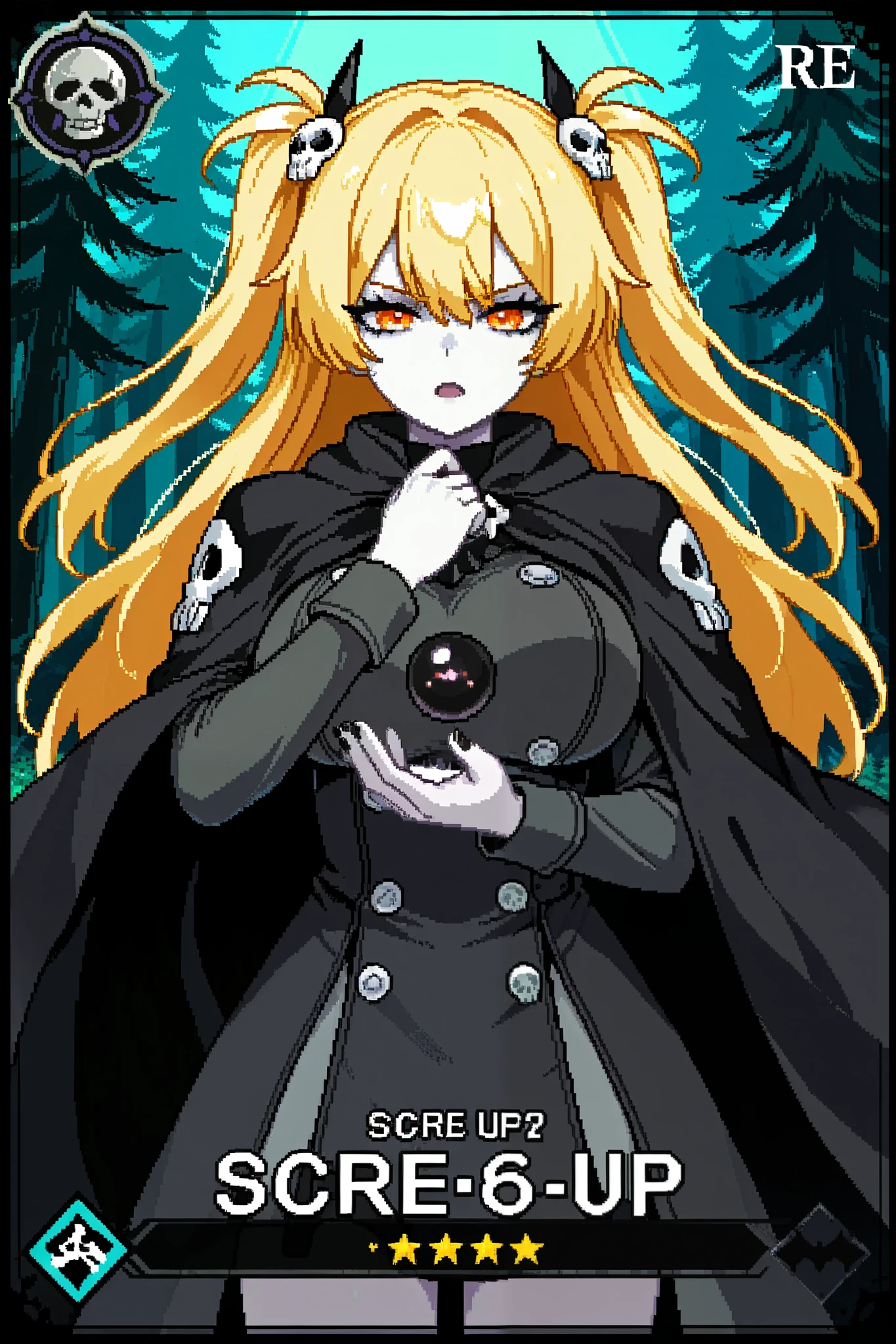 score_9, score_8_up, score_7_up, source_anime, 1girl, solo, pixel art, playingcard, trading card, card_(medium) BREAK
Blonde hair, long hair, two side up, orange eyes BREAK large breasts, pale skin, black eyelashes BREAK
Gray cloak, skull hair ornament, BREAK
Looking at viewer, serious face, open mouth, standing, portrait, outdoors, (pine forest), blue sky, hand up, black spheres on hand, skull icon