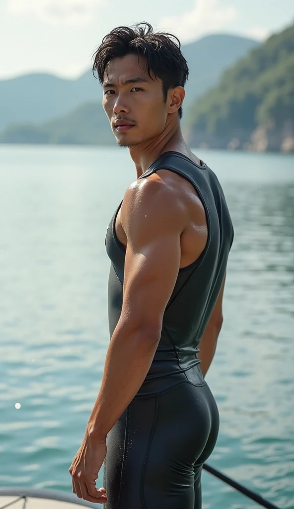 1man, japanese dilf, vice principal, 50yo, black hair, short hair, center parted bangs, handsome, smart ellipse face, middle-muscular, beautiful detailed eyes, dandy, gentle, ikemen, baby face, stocky waist, super detailed skin, BREAK peeping photo, big bulge, black tiny speedo swimsuit, topless, fullbody, solo focus, hair flip, drenched skin, wet hair, dusk, seaside, strong rim light, from side, 8k, sharp vision, extreme all detailed