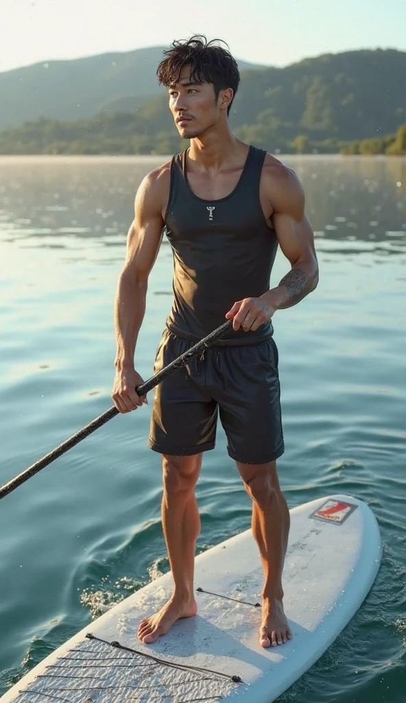 full body portrait photo with natural effect. clothes: Topless, white volleyball shorts,bigger Phallus in hip brief. shoes: wearing black shoes. situation: Handsome Indonesian young man Is lying down  in the river with his clothes wet from the river water facing the camera