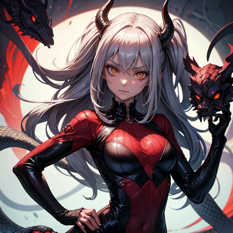 Evil demoness with a head of snake, snakes in her hair, yellow eyes